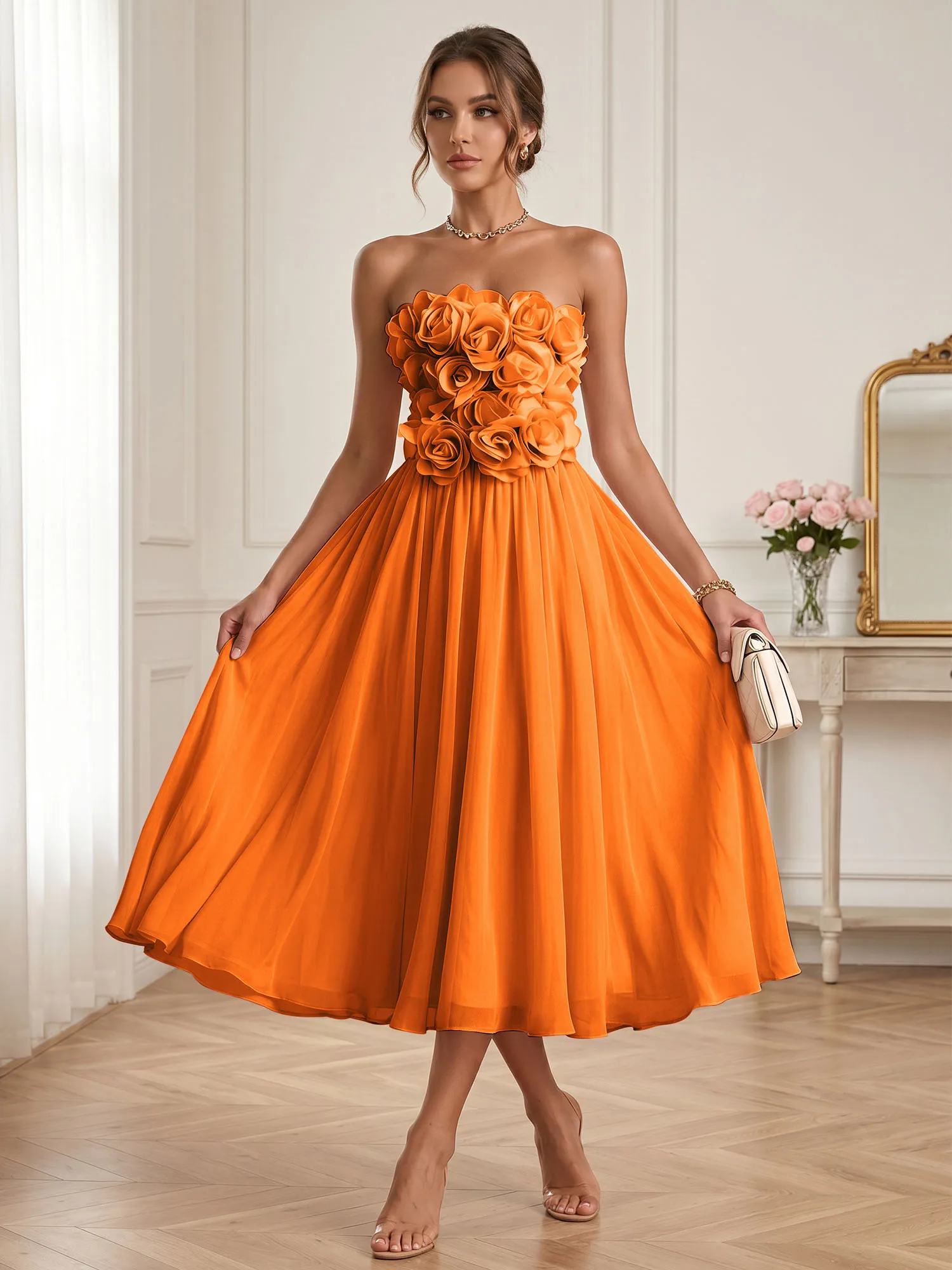 Strapless 3D Floral Chiffon A-Line Midi Formal Dress