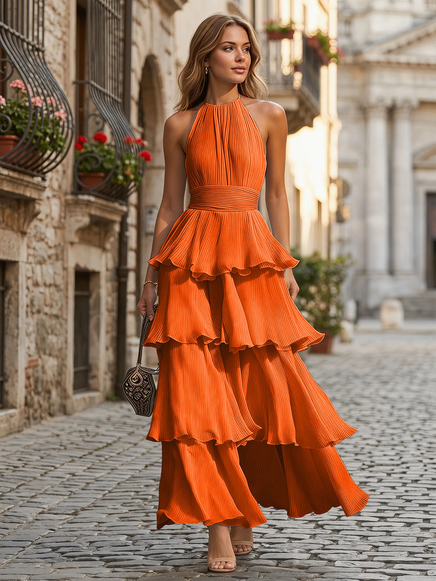 A Line Halter Neck Tiered Ruffle Chiffon Evening Dress