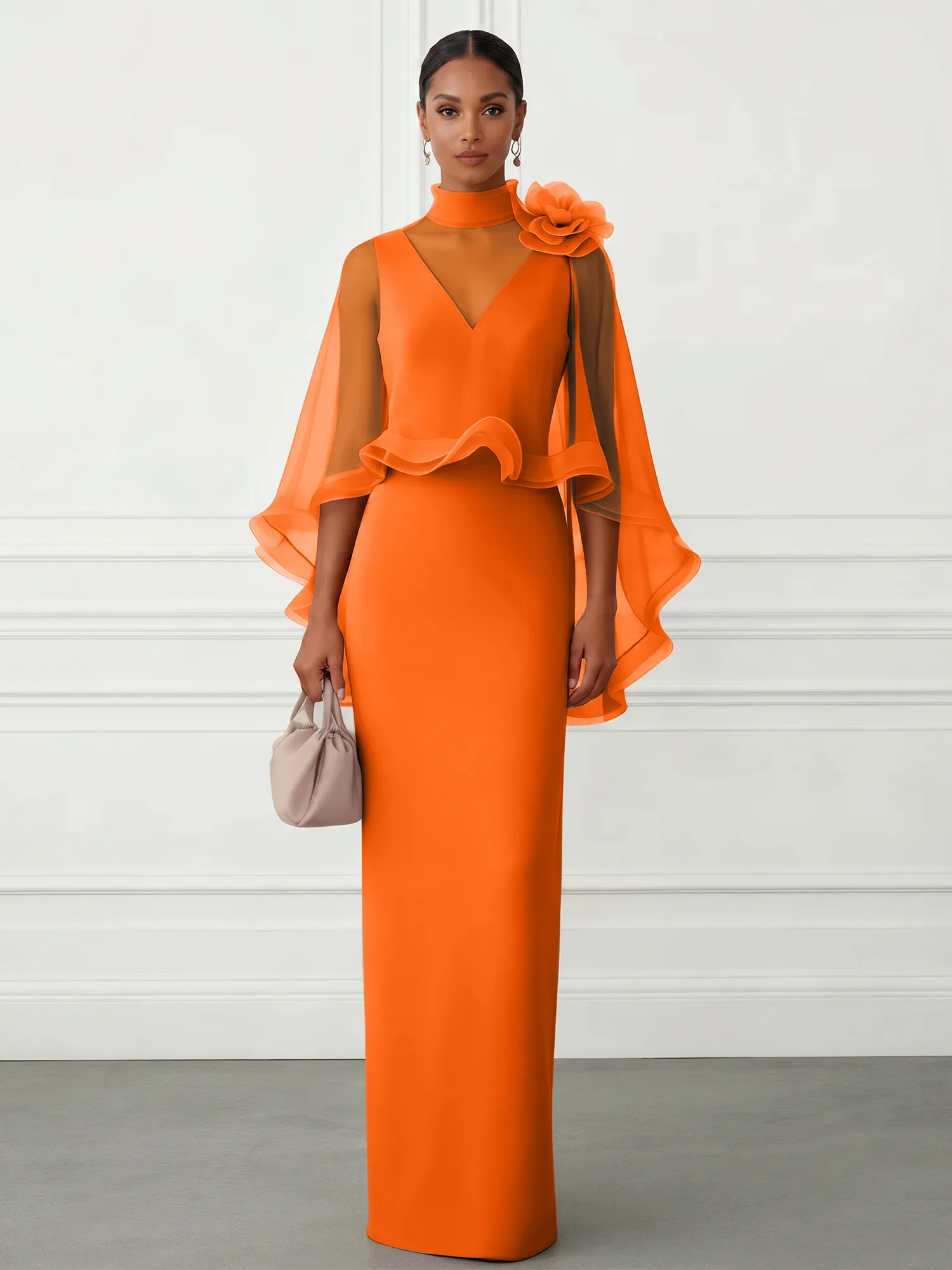 High-Neck Chiffon Cape Sleeve Sheath Evening Gown