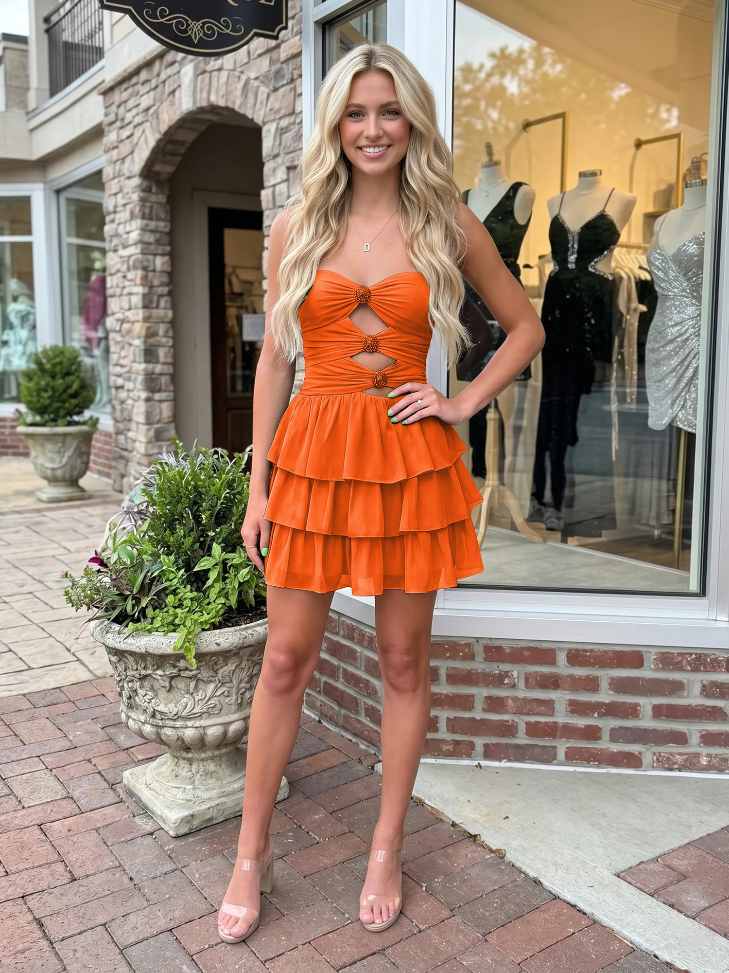 Strapless Cutout Tiered Ruffle Chiffon Homecoming Dress