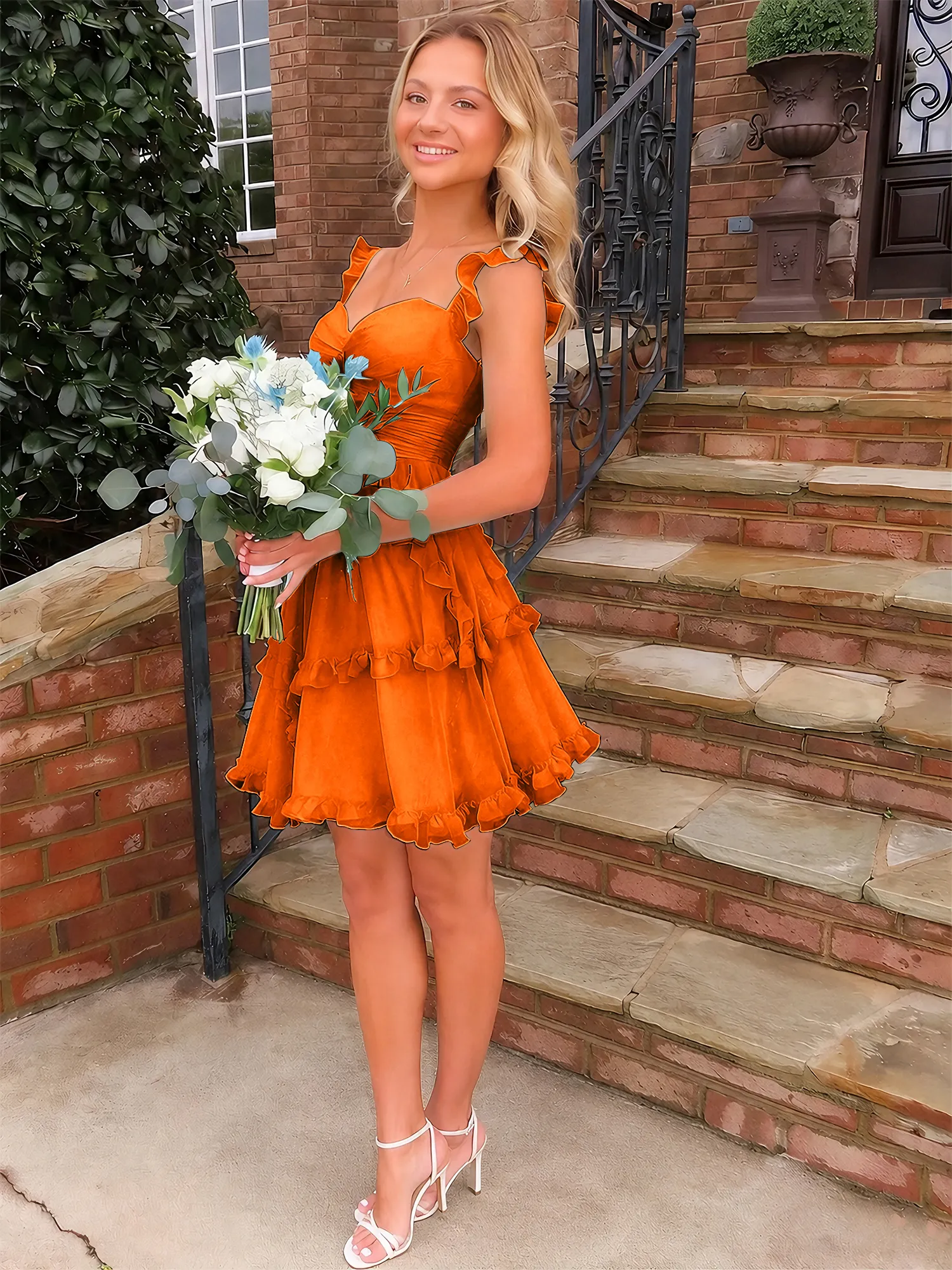 A Line Ruffled Tiered Chiffon Homecoming Dress with Lace-Up Back