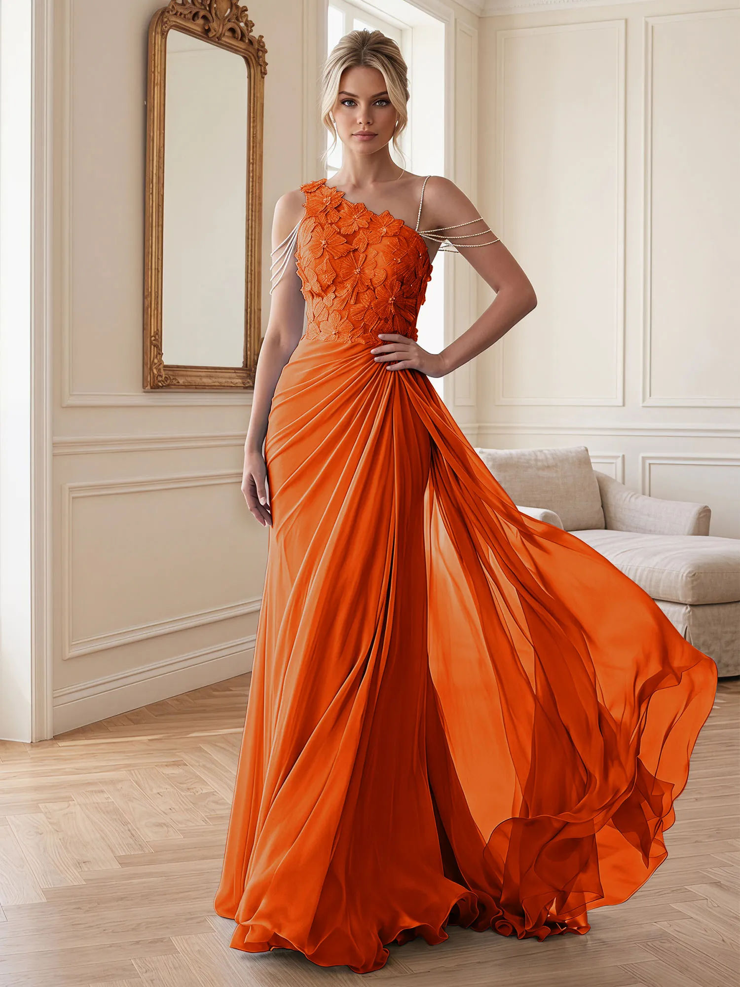 One-Shoulder Floral Lace Chiffon Evening Gown