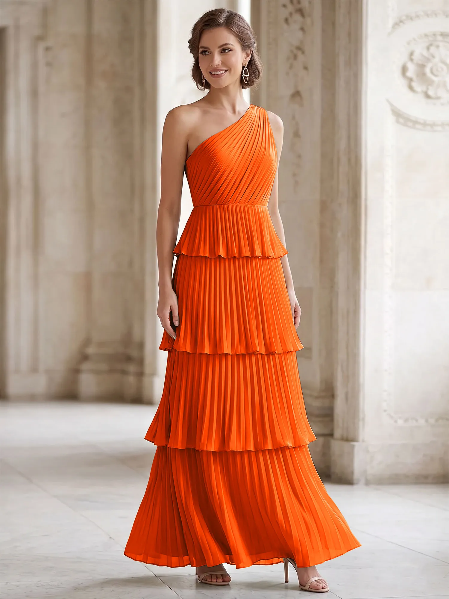 One-Shoulder Tiered Pleated Chiffon Evening Gown