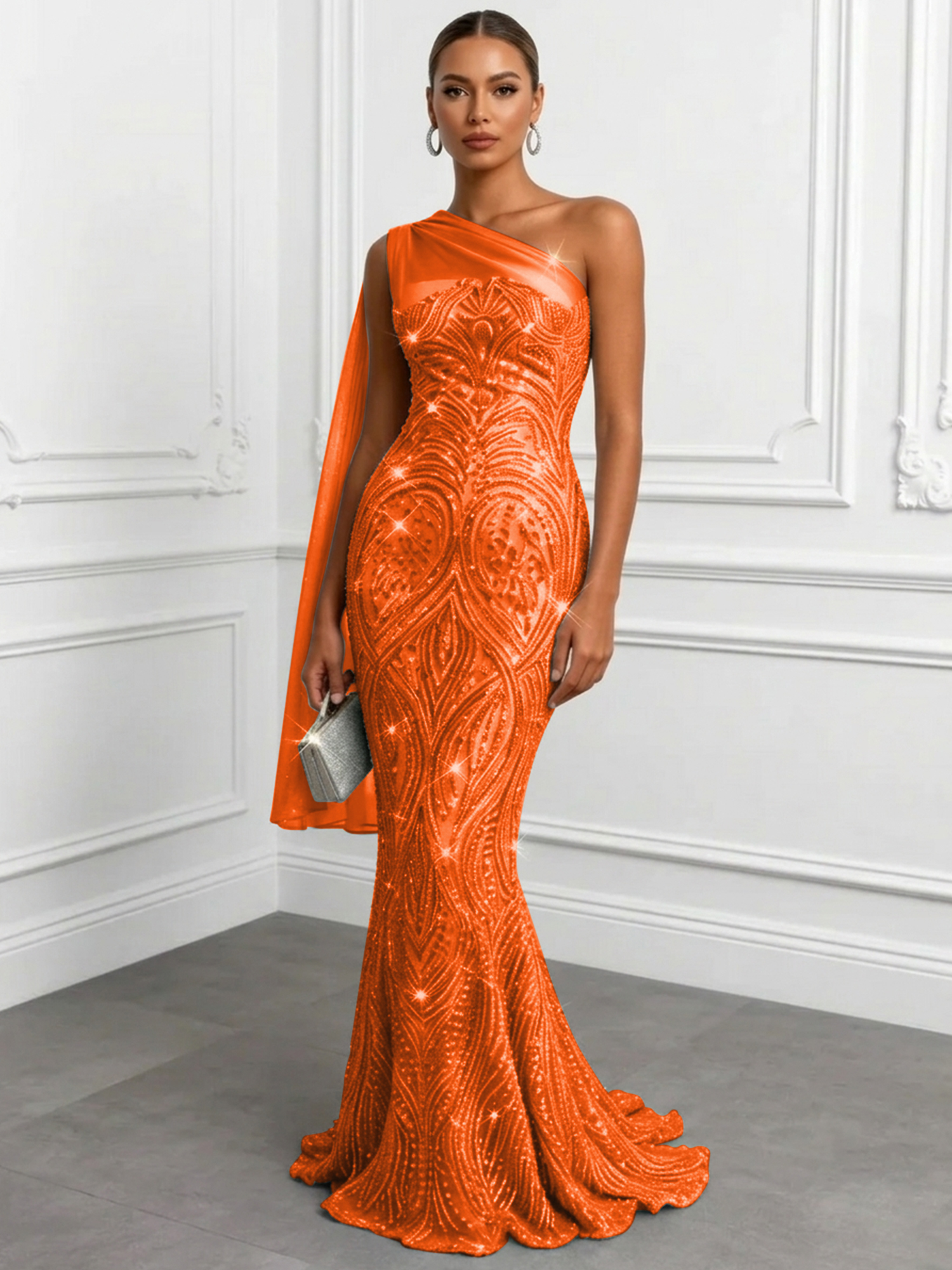 Shimmering Sage One-Shoulder Sequin Mermaid Evening Dress