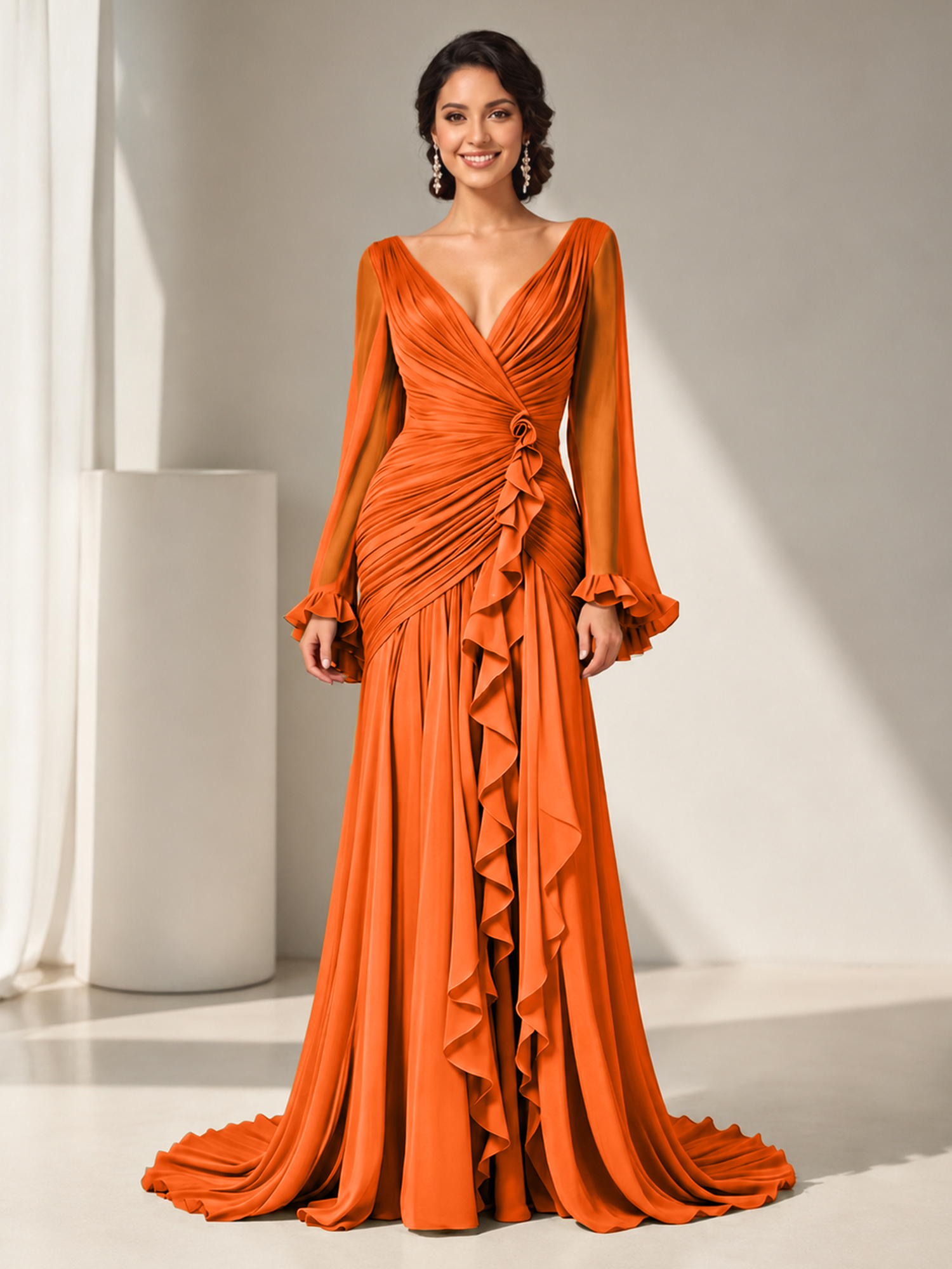Grecian Olive Green Ruched Long-Sleeve Cascading Ruffle Formal Evening Dress