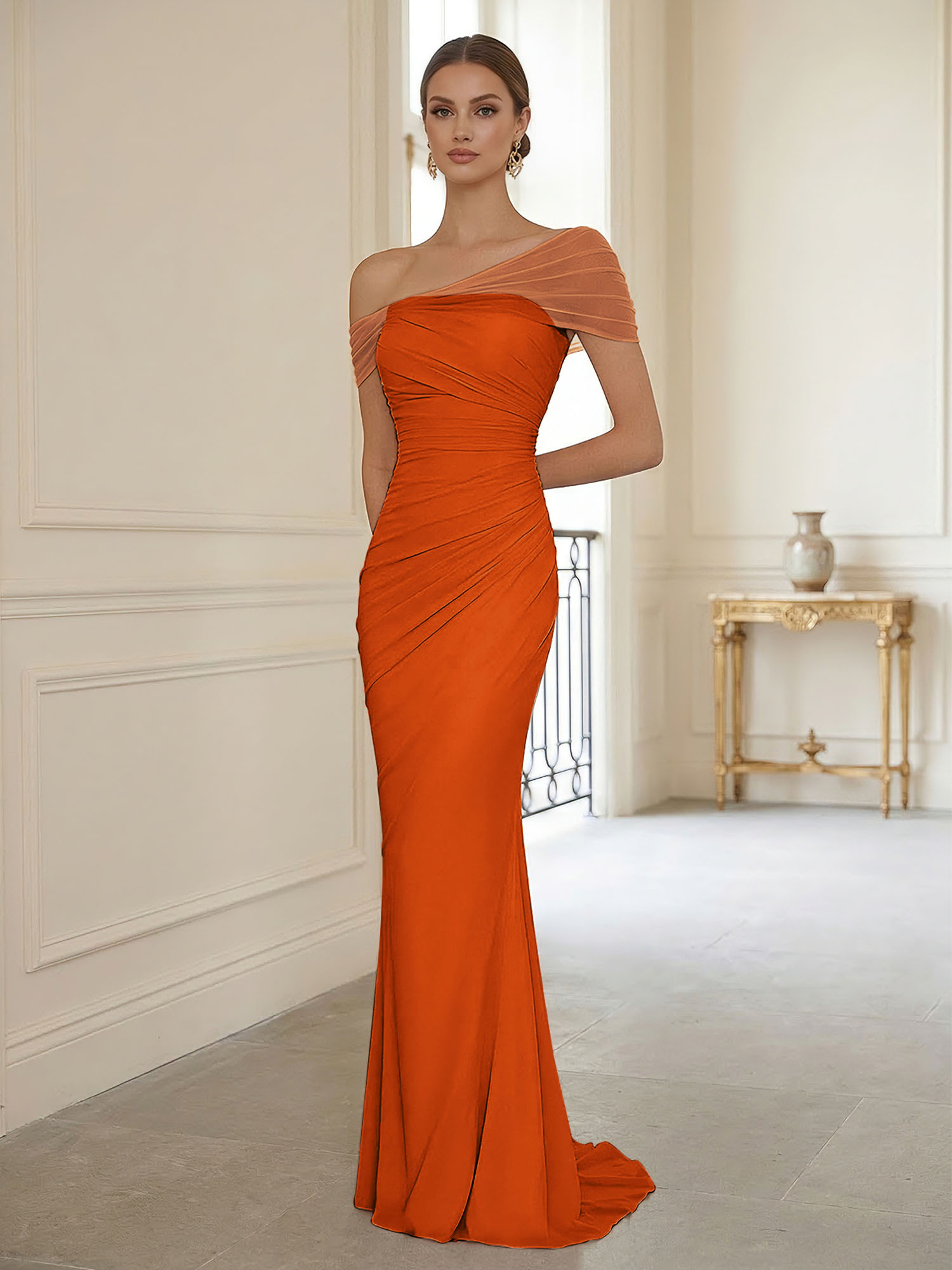 Sophisticated Blush Pink Asymmetrical Ruched Maxi Dress Evening Gown