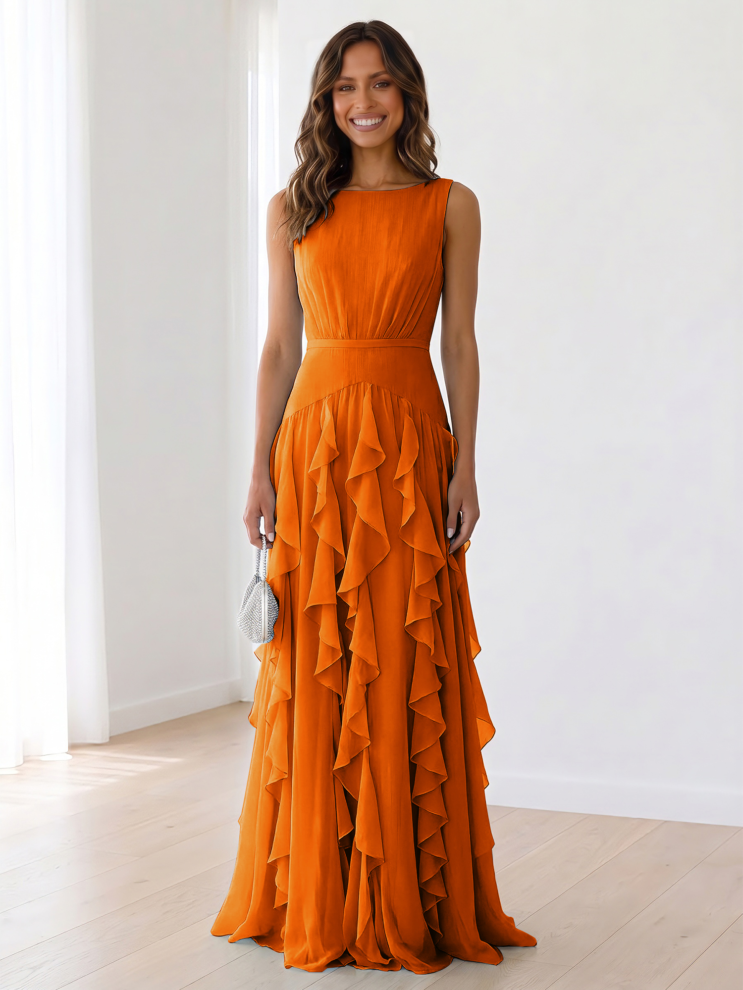 Ethereal Powder Blue Cascading Ruffle Maxi Formal Evening Dress