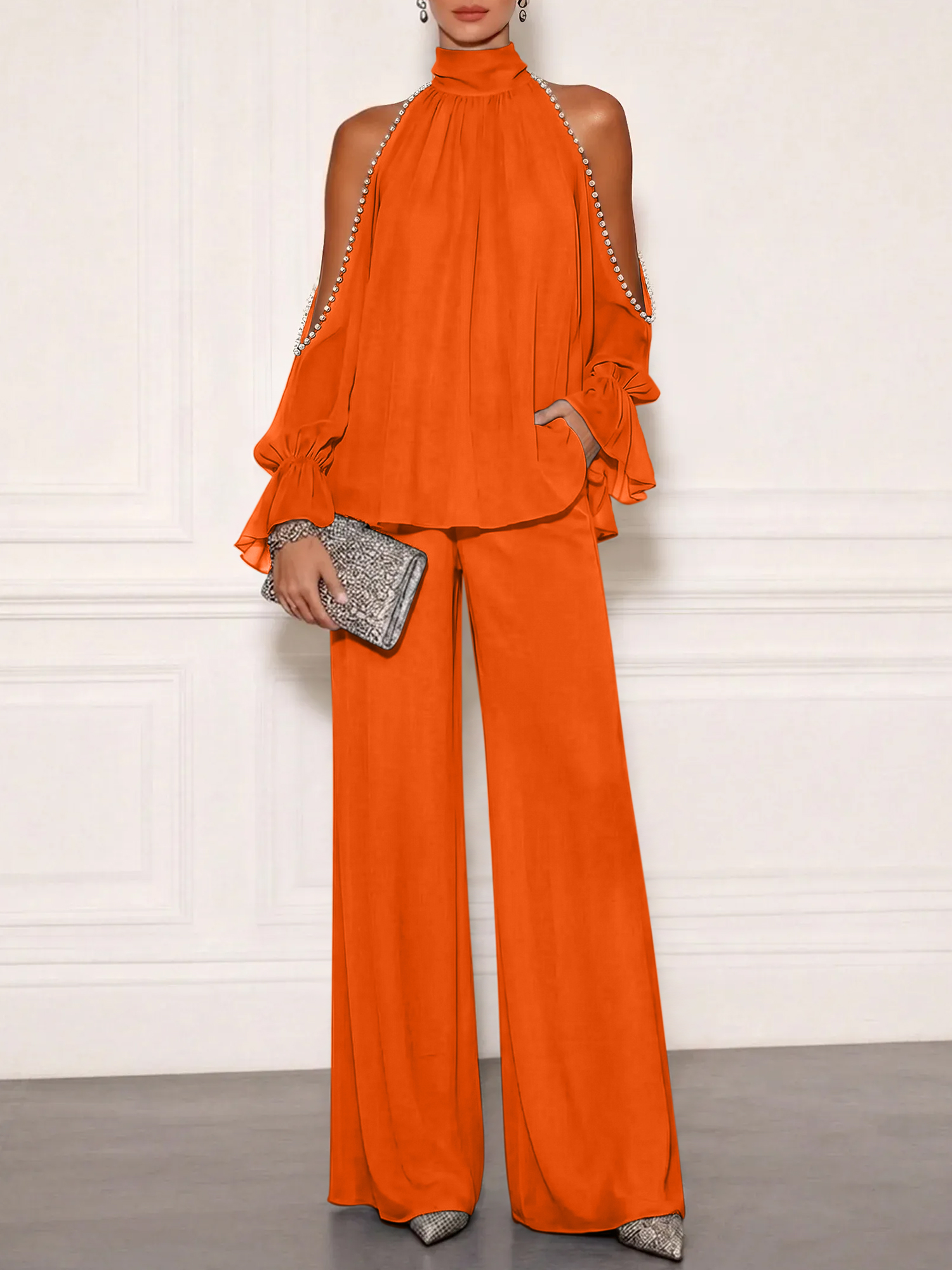 Sophisticated Embellished Cold Shoulder Formal Evening Jumpsuit