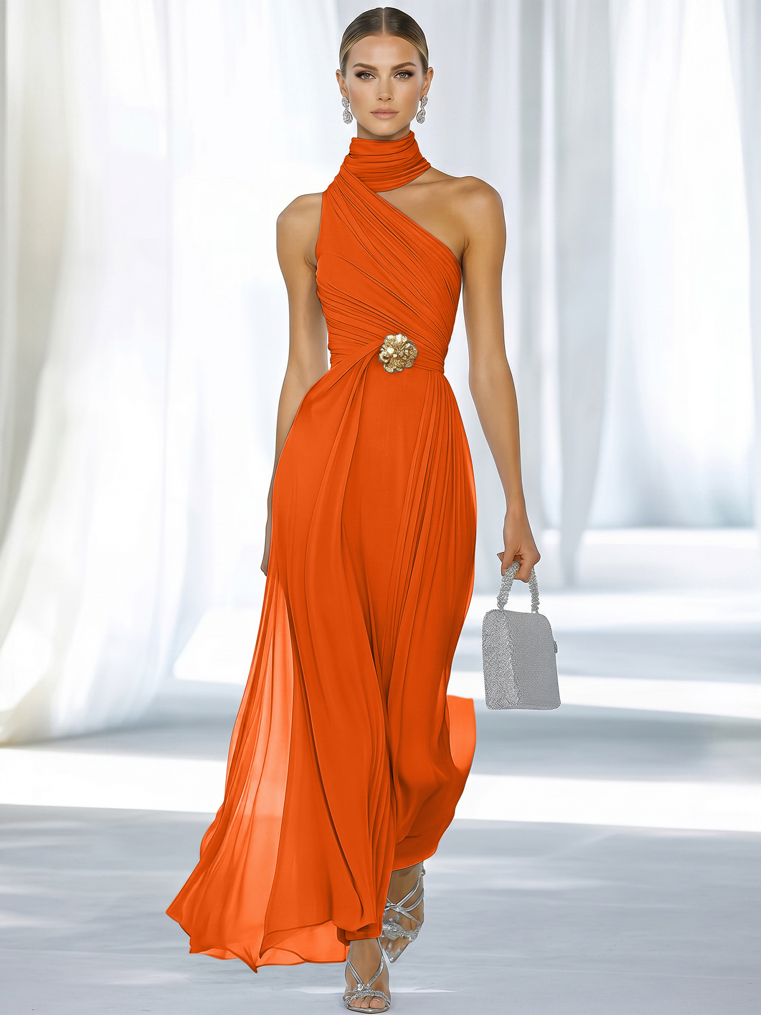 Sky Blue Pleated Chiffon Halter Strapless Formal Evening Dress