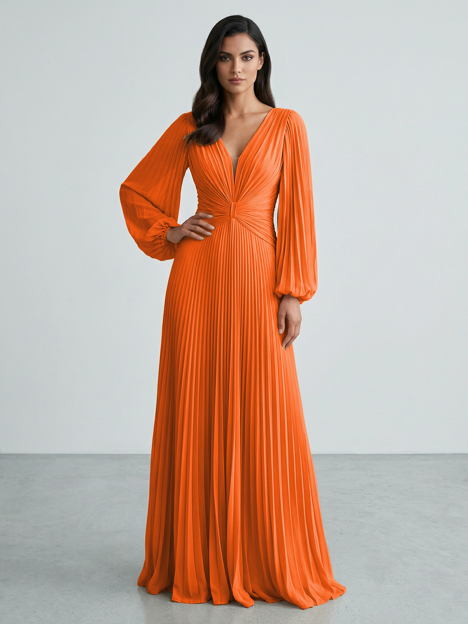 Slate Blue Plunging V-Neck Pleated Long Sleeve Maxi Dress Gown