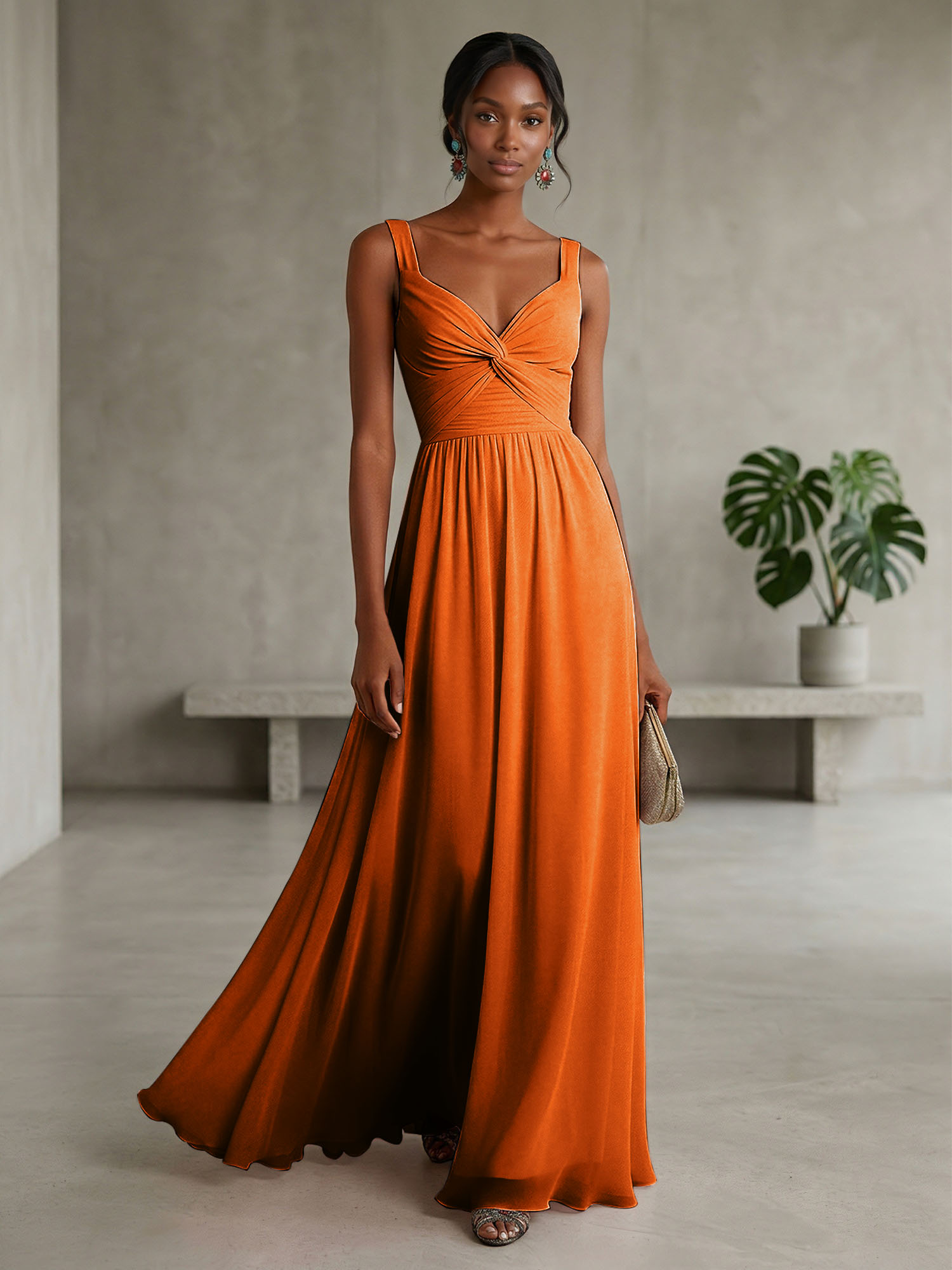 Elegant Soft Blush Twist-Front Chiffon Maxi Gown
