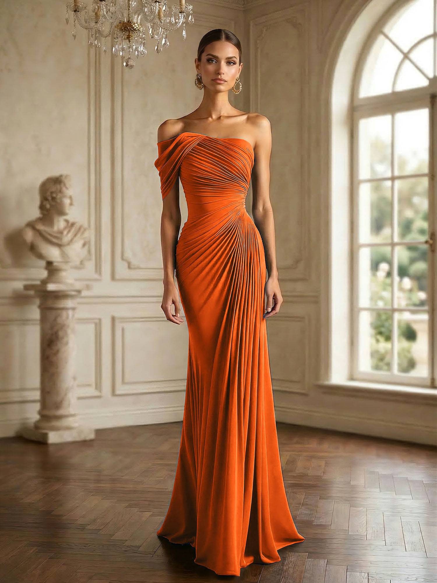 One Shoulder Pleat Mermaid Chiffon Evening Dresses for Women Gown