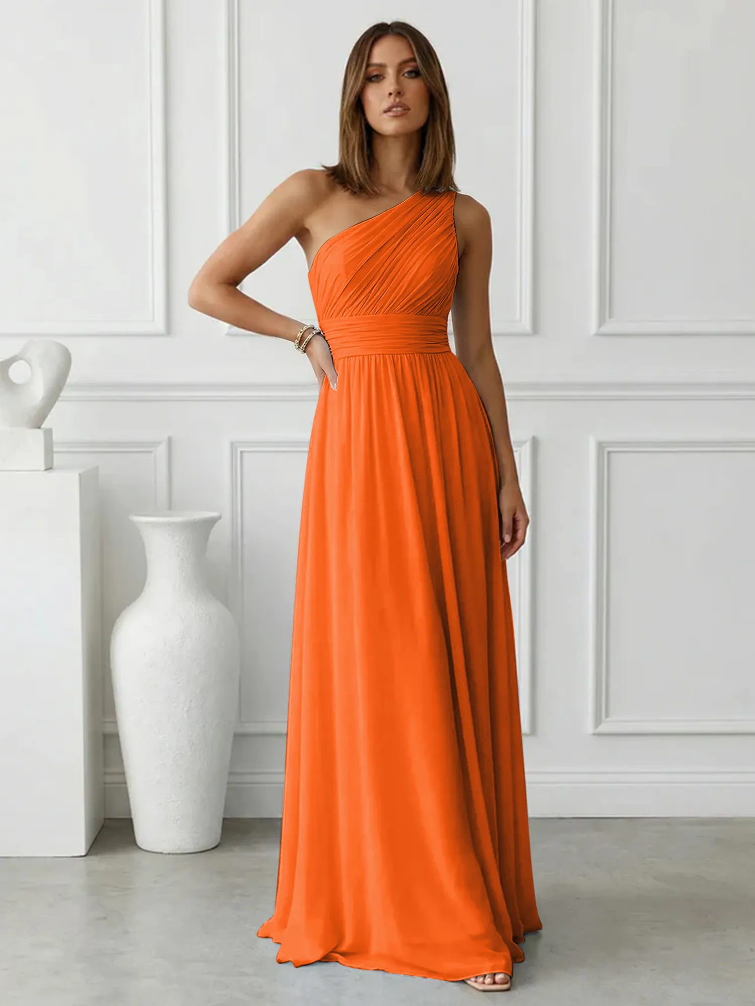 One-Shoulder Pleated Chiffon A-Line Evening Dress