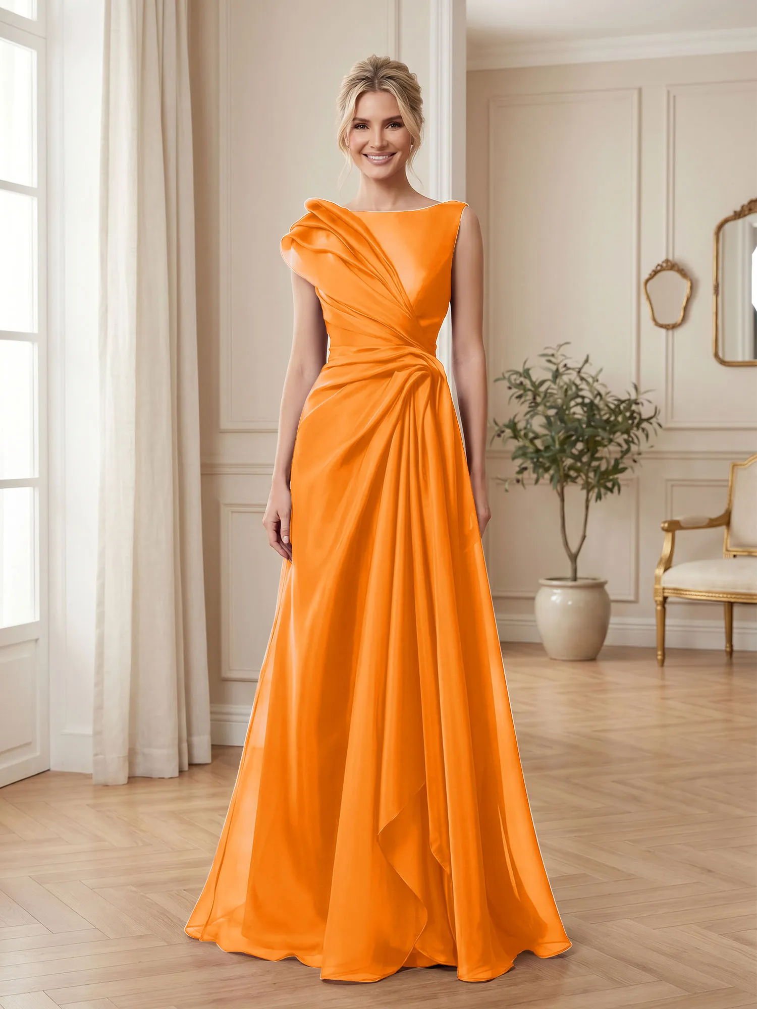 A Line Ruched Draped Tulle Evening Gown