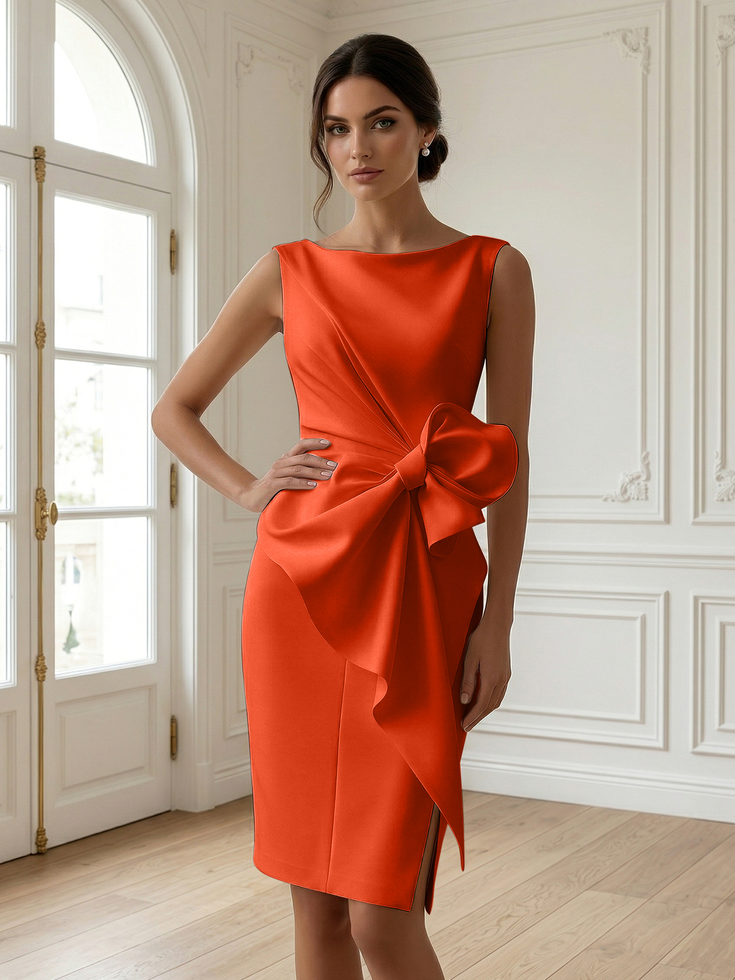 White 3D Bow Sleeveless Sheath Midi Dress Evening Gown