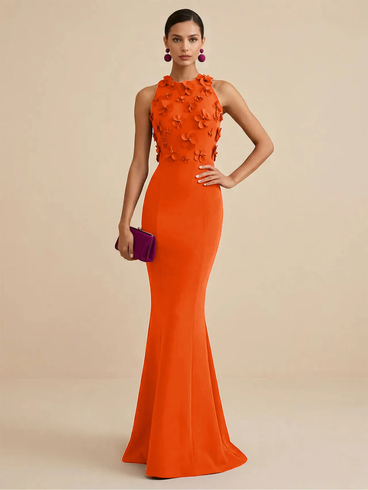 Scoop Neck 3D Floral Appliqué Crepe Mermaid Evening Gown