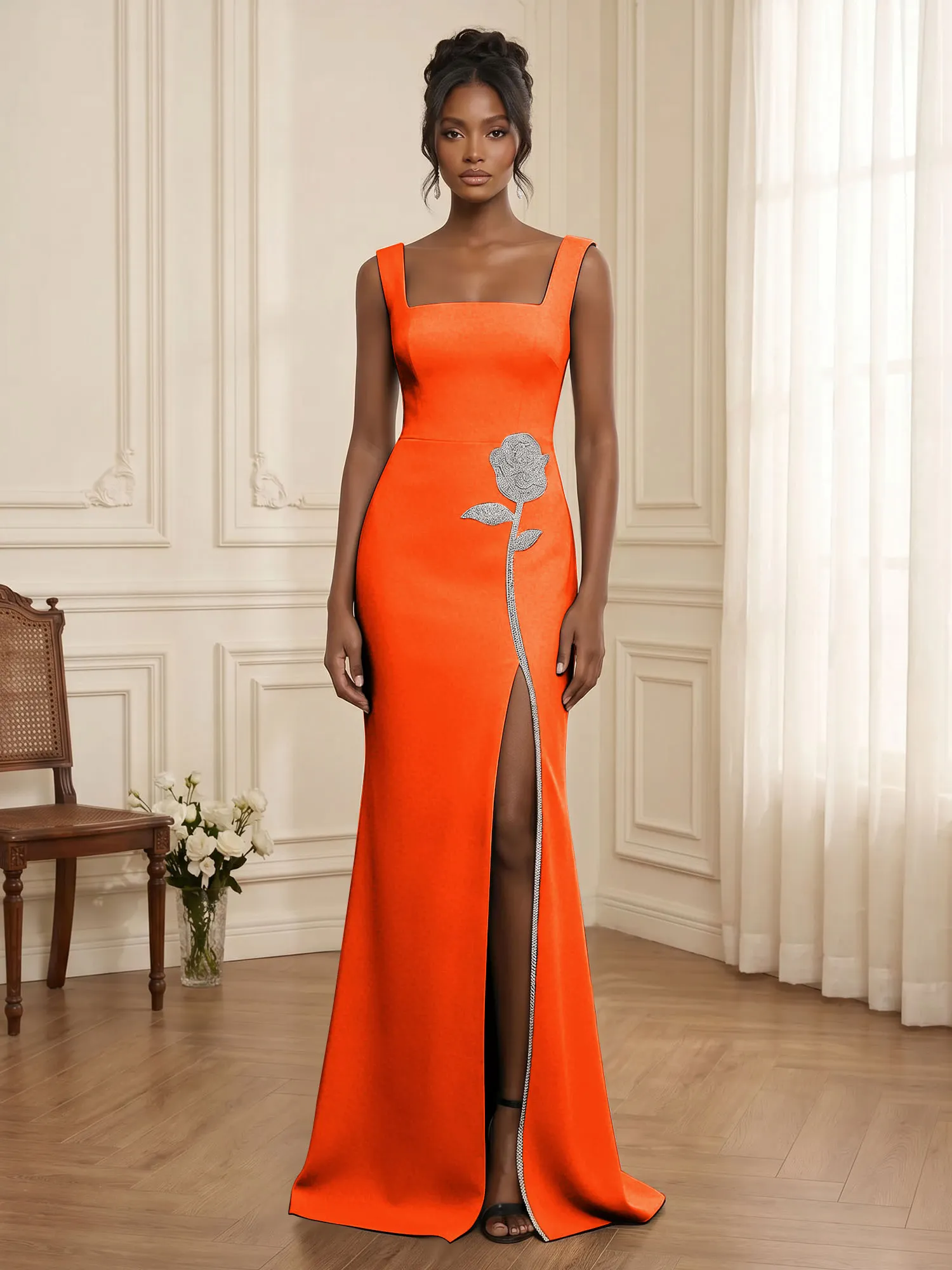 Square Neck Crystal Rose Appliqué Crepe Mermaid Evening Gown