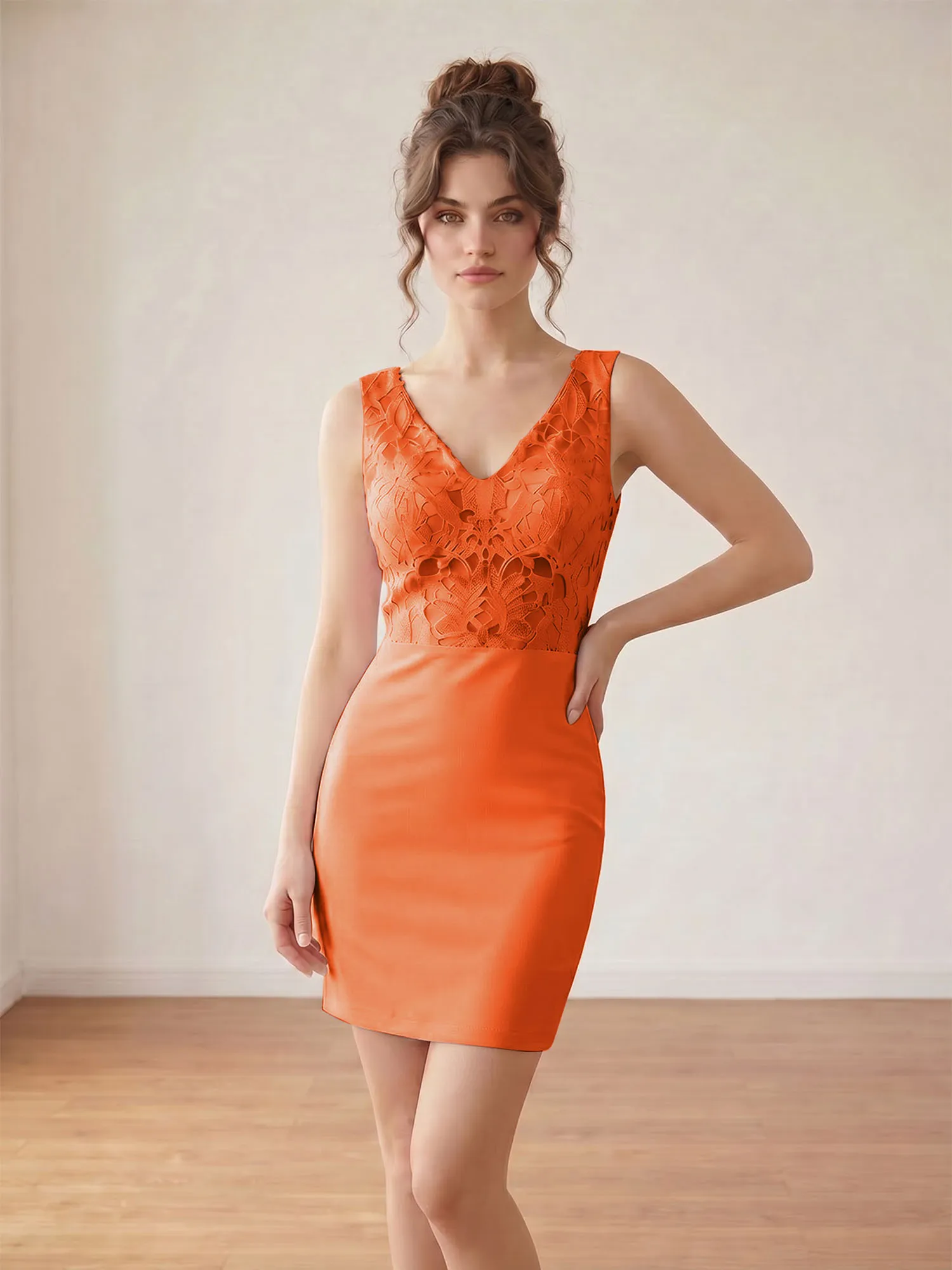 Blush Pink V-Neck Lace & Crepe Homecoming Bodycon Mini Dress