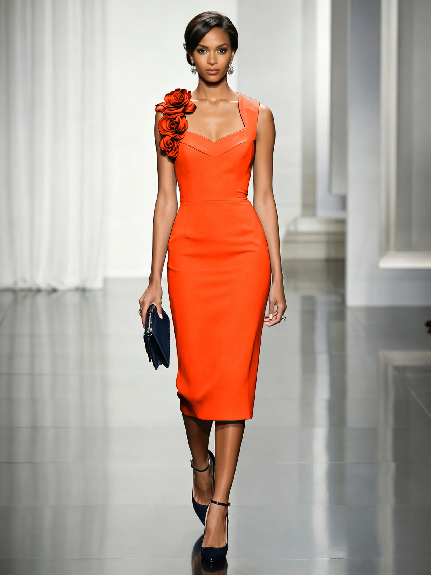 Asymmetric Neckline Crepe Midi Dress with 3D Floral Appliqué