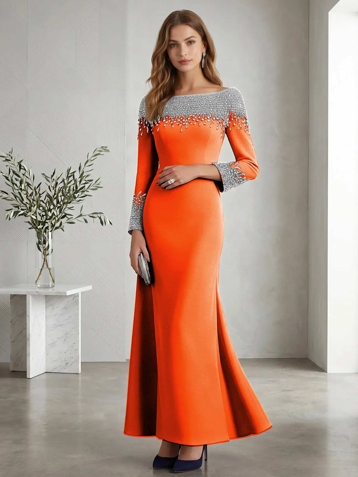 Beaded Off-the-Shoulder Long Sleeve Mermaid Evening Gown