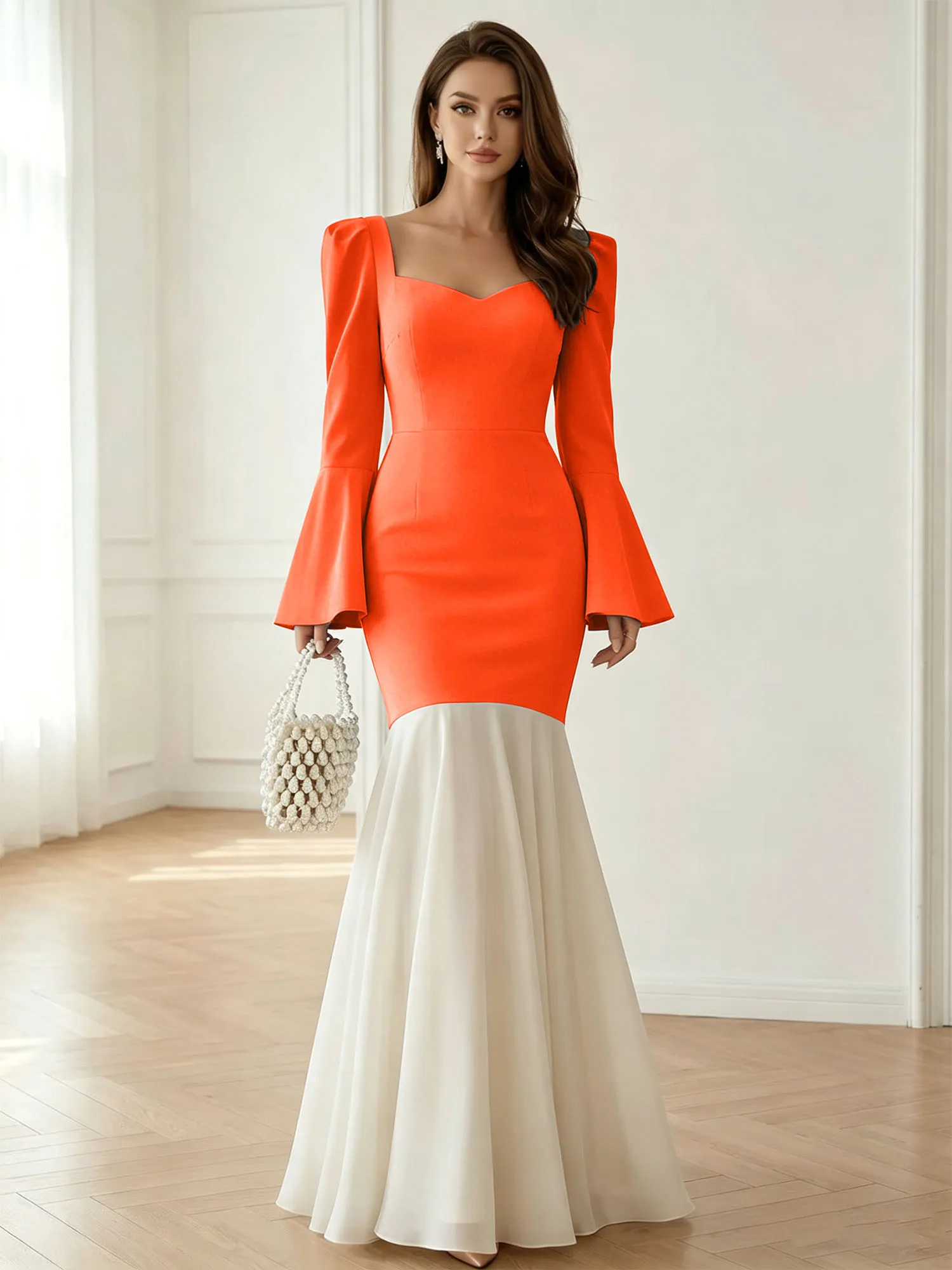 Sweetheart Neck Bell Sleeve Two-Tone Mermaid Evening Gown