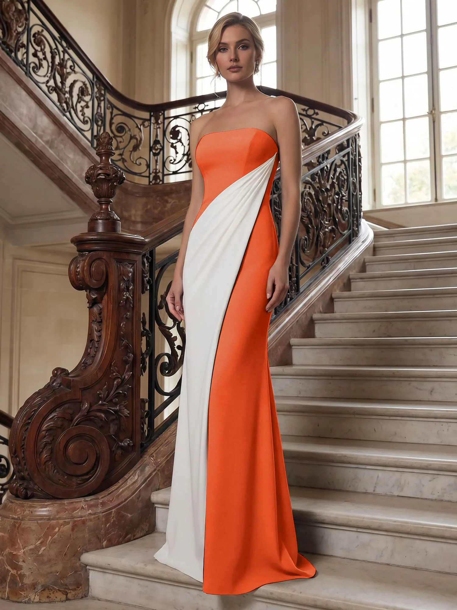 Strapless Two-Tone Draped Mermaid Evening Gown