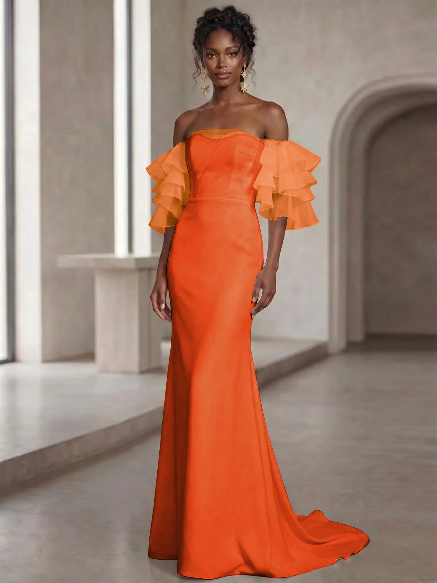 Off-the-Shoulder Tiered Organza Sleeve Mermaid Evening Gown