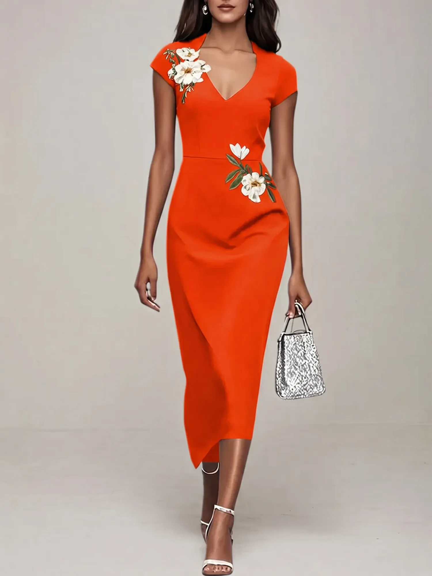 V-Neck Cap Sleeve Floral Embroidered Sheath Evening Dress