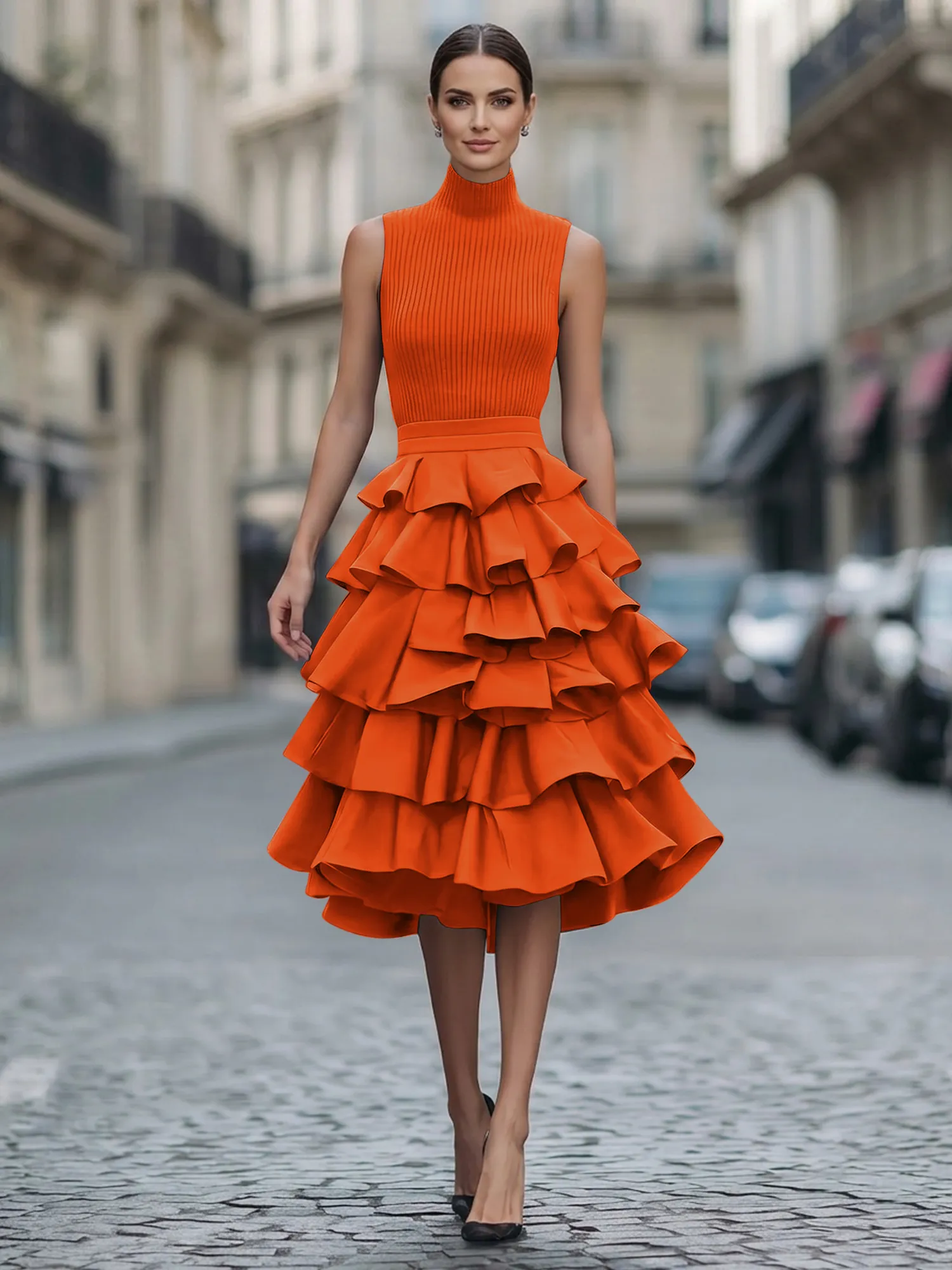 A Line High-Neck Pleated Tiered Evening Dress Maxi Dress