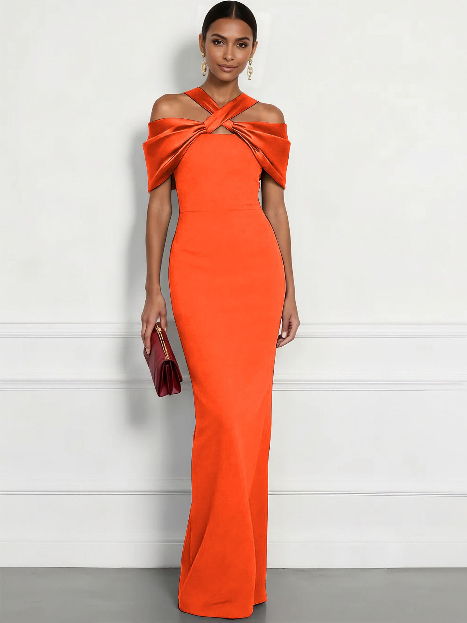  Regal Plum Crepe Column Gown with Satin Criss-Cross Halter Maxi Dress