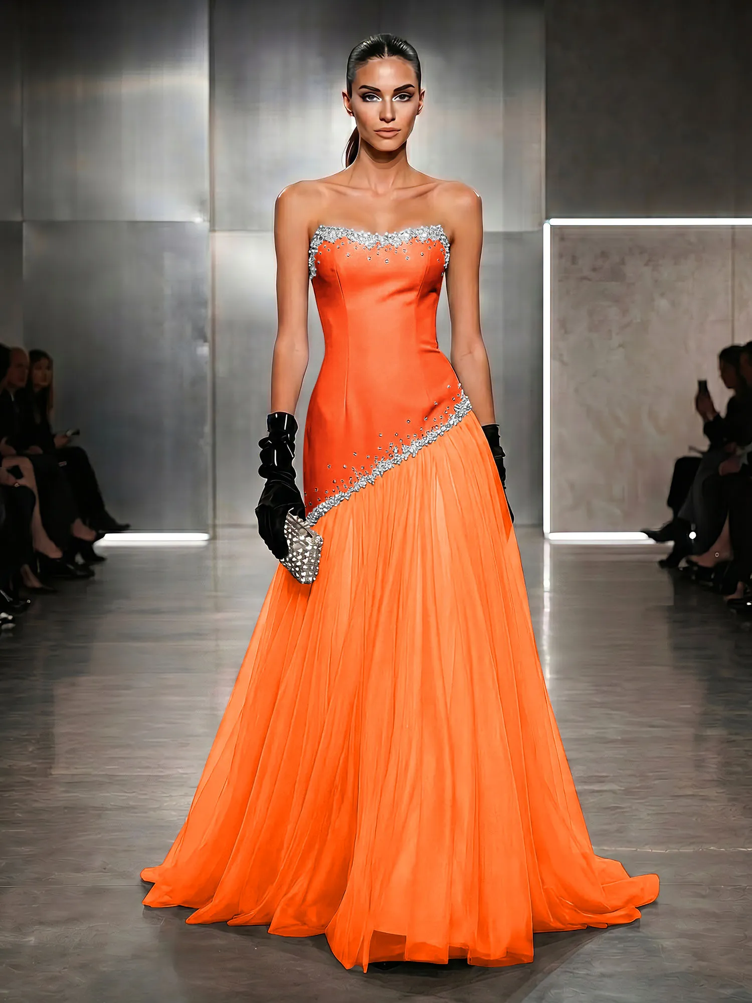 Strapless Tulle Beaded Corset Evening Gown Maxi Dress