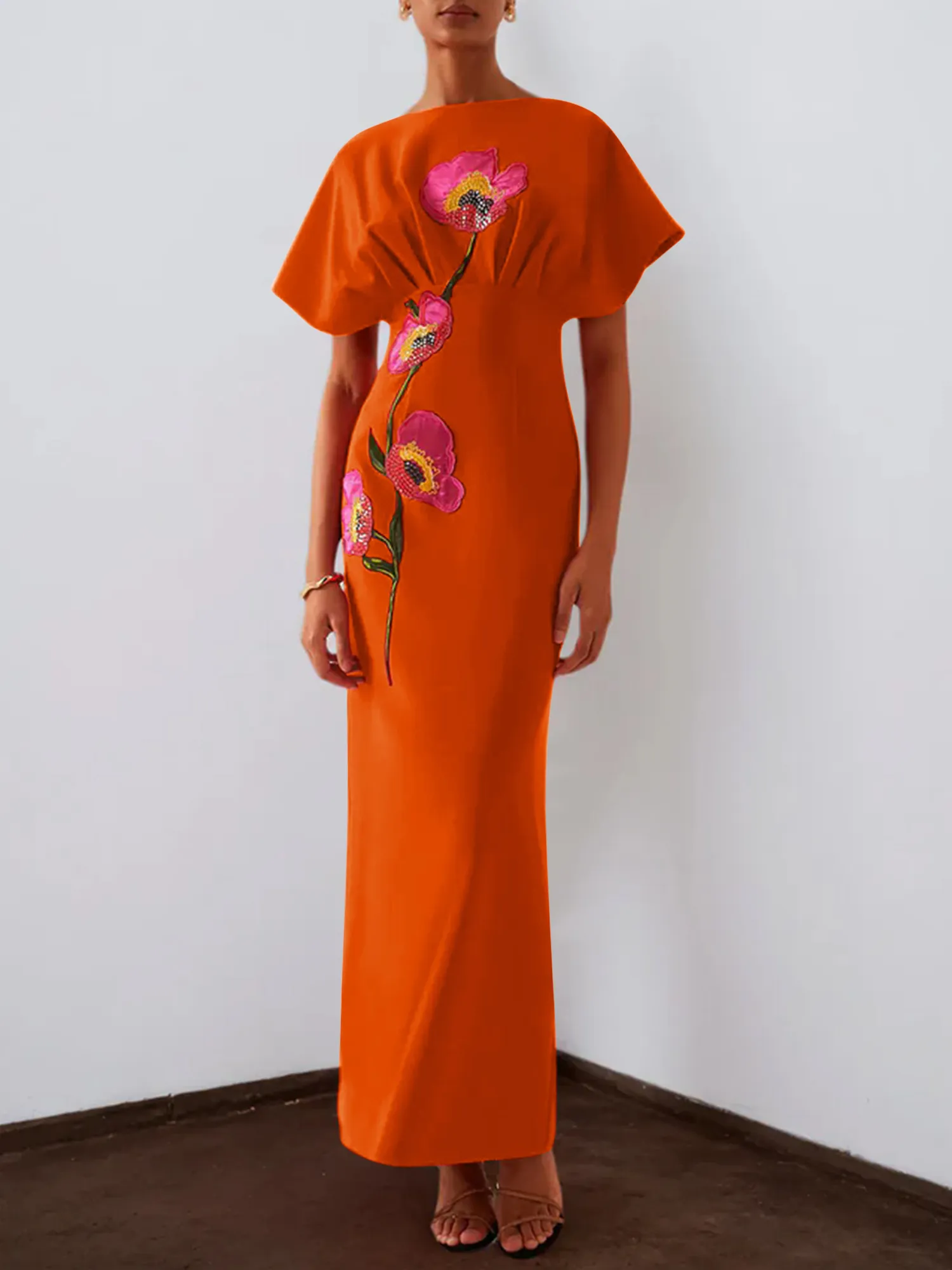 Floral Embroidered Boat Neck Batwing Sleeve Column Evening Gown
