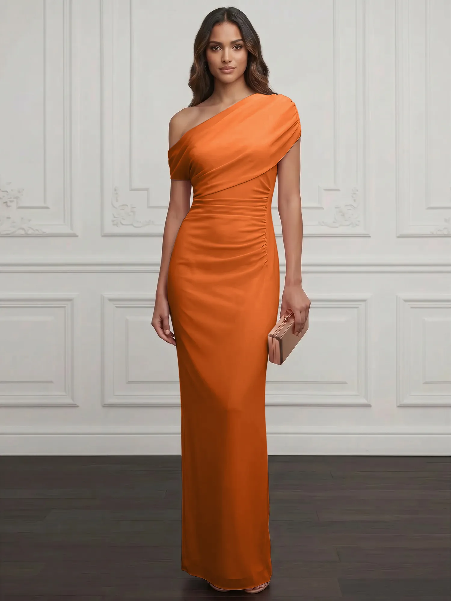 One-Shoulder Draped Chiffon Evening Gown