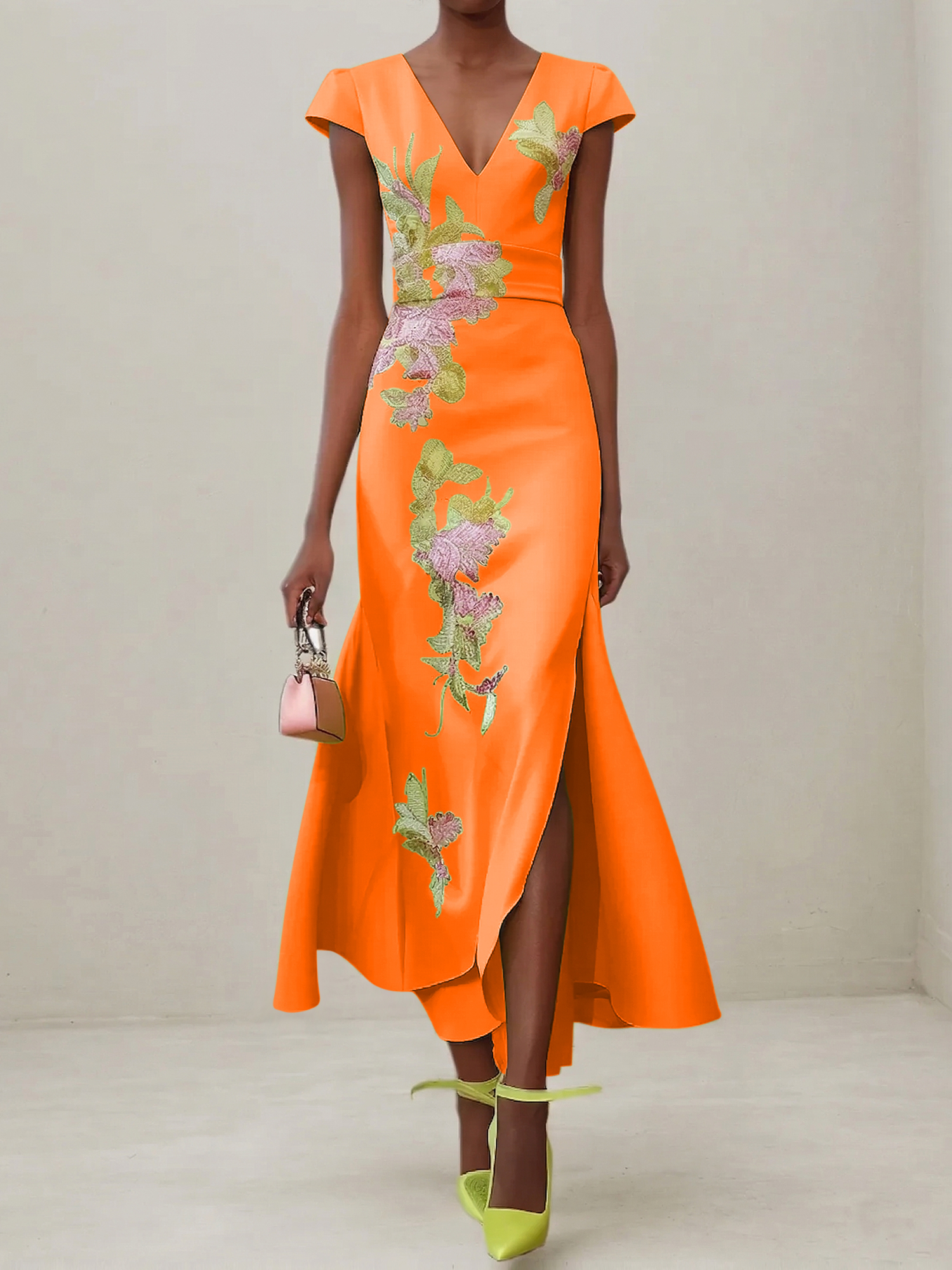 Elegant V-Neck Cap Sleeve Satin Midi Gown with Floral Embroidery & High Slit
