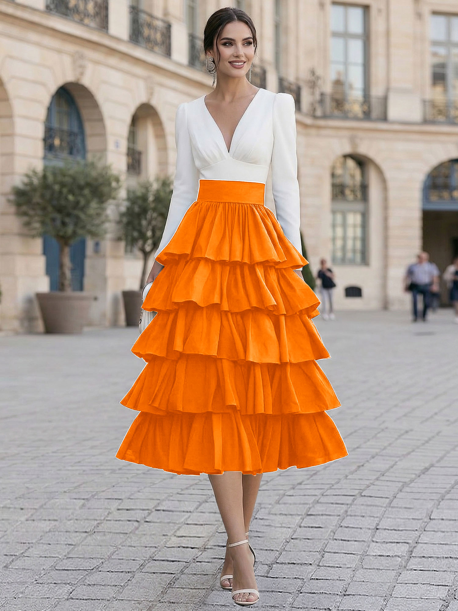 Elegant V-Neck Long Sleeve Tiered Ruffle Midi Dress with Contrast Waistband