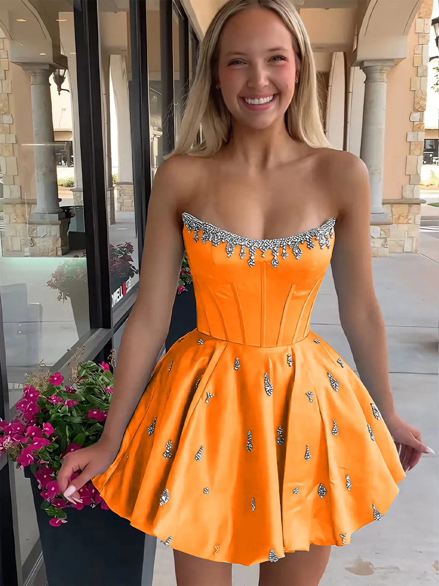 Strapless Beaded Corset Lace-Up Back Satin Homecoming Dress