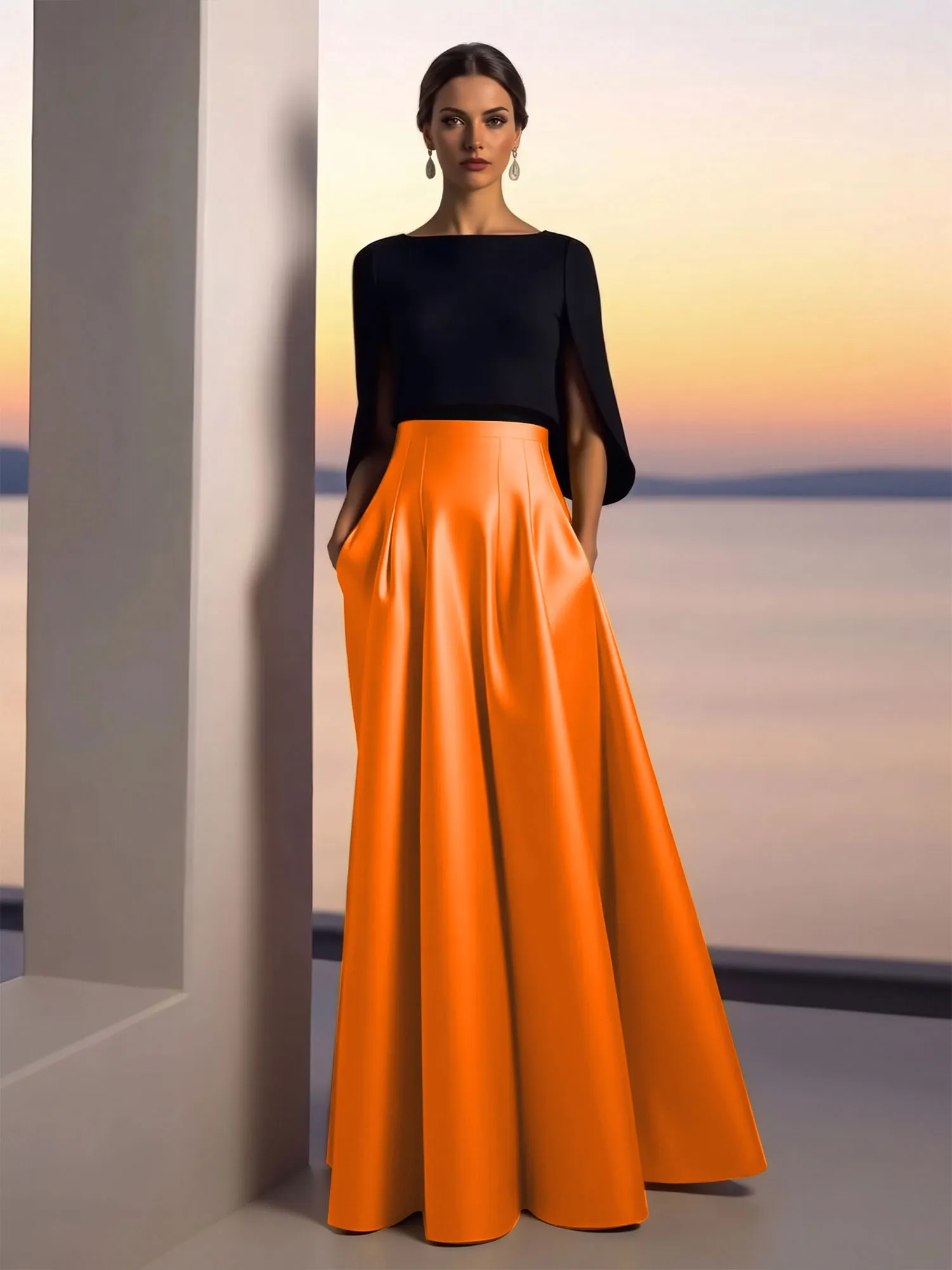 Two-Piece Cape Sleeve Satin Ball Gown Evening Dress
