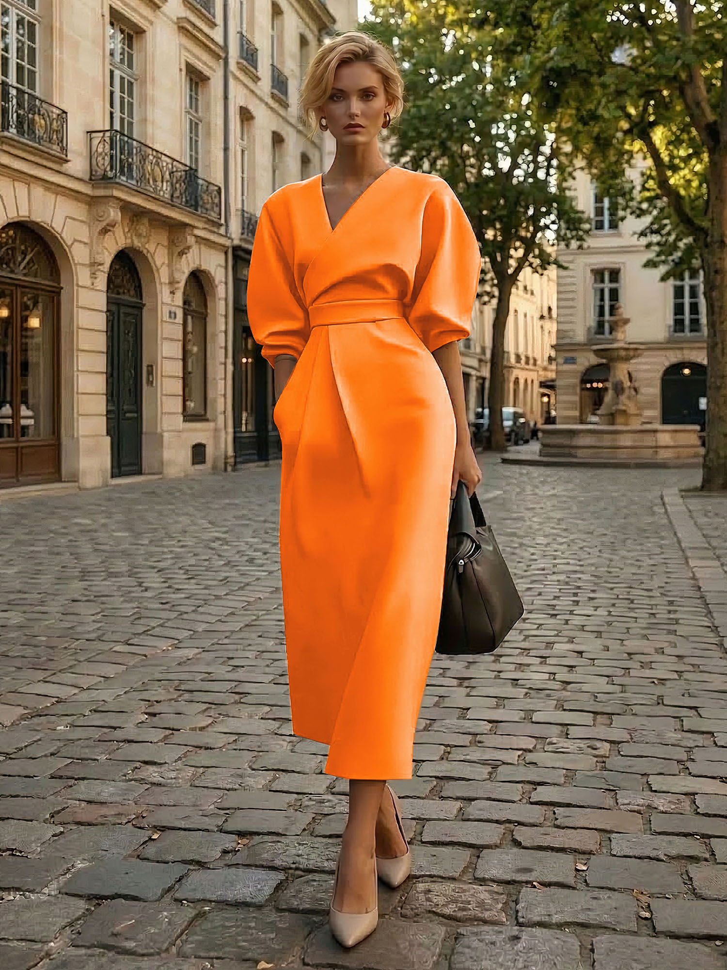 Sophisticated Camel V-Neck Balloon Sleeve Midi Dress Evening Gown