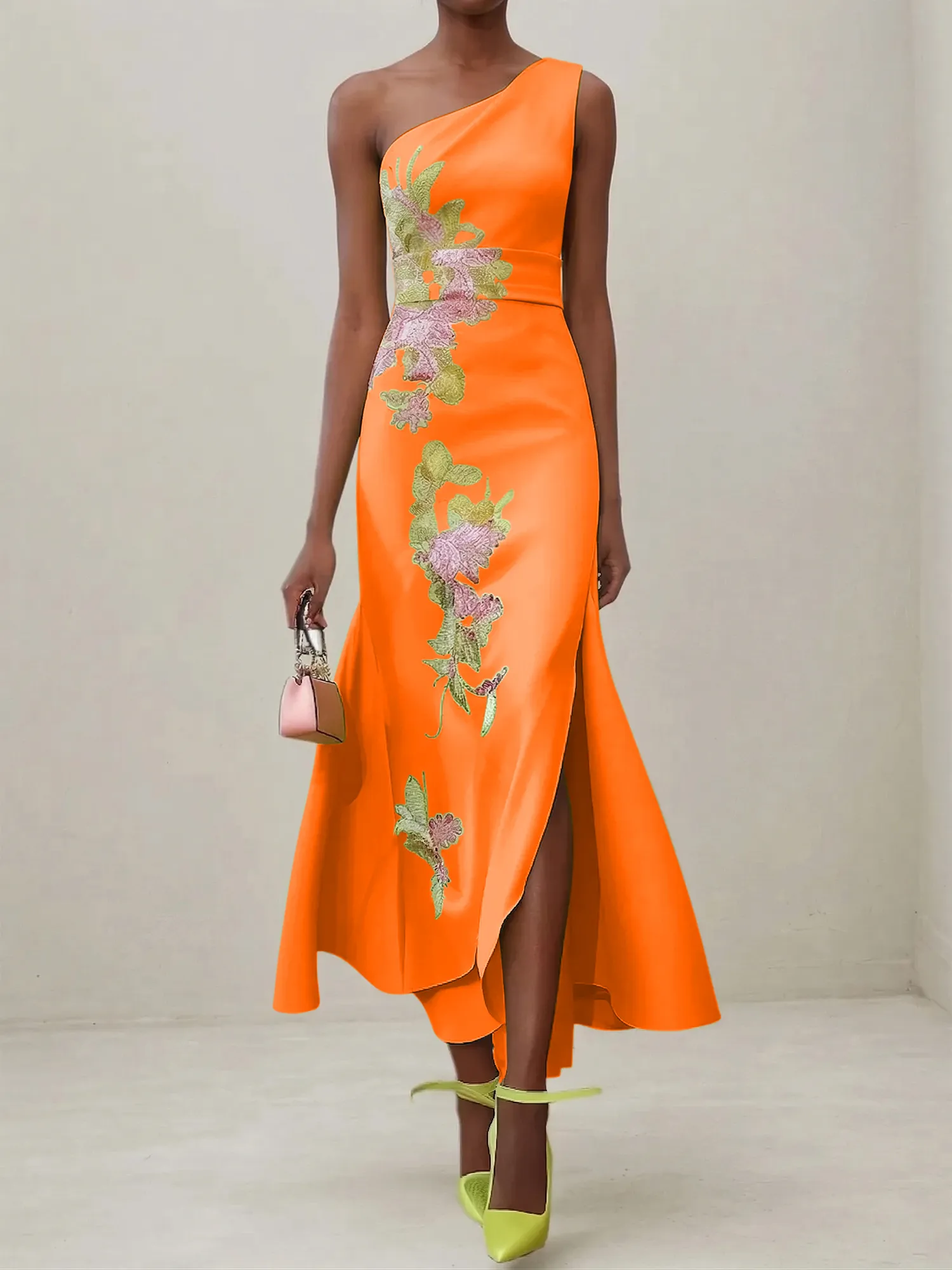 Elegant One Shoulder Cap Sleeve Satin Midi Gown with Floral Embroidery & High Slit