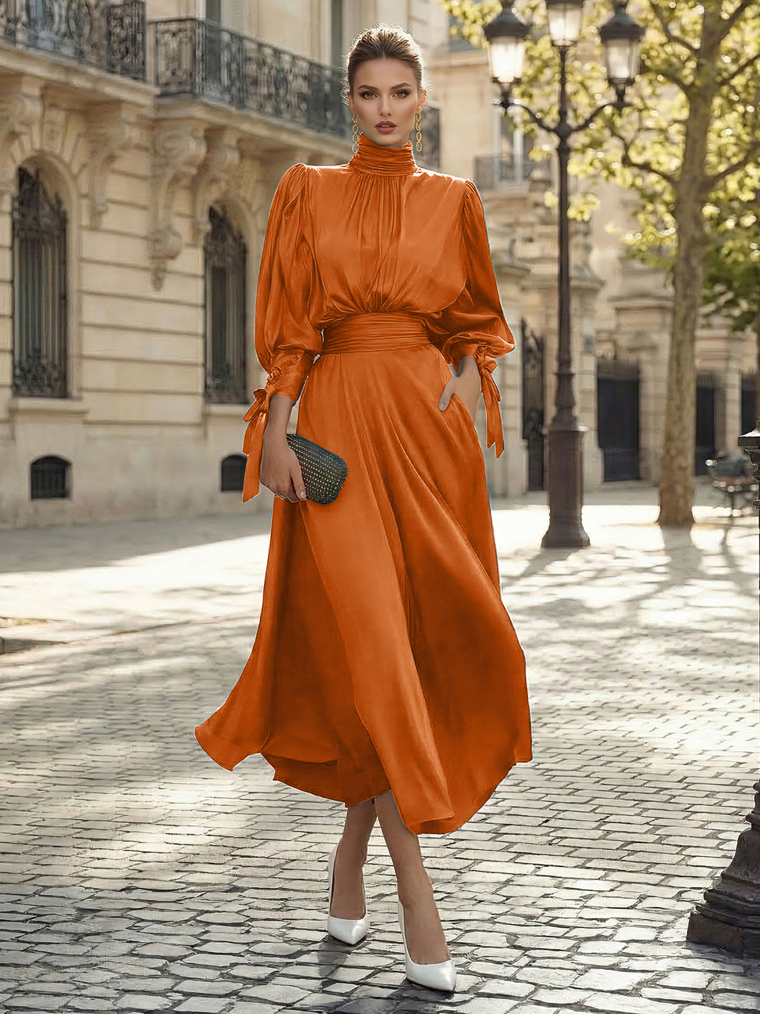 Sophisticated Camel V-Neck Balloon Sleeve Midi Dress Evening Gown
