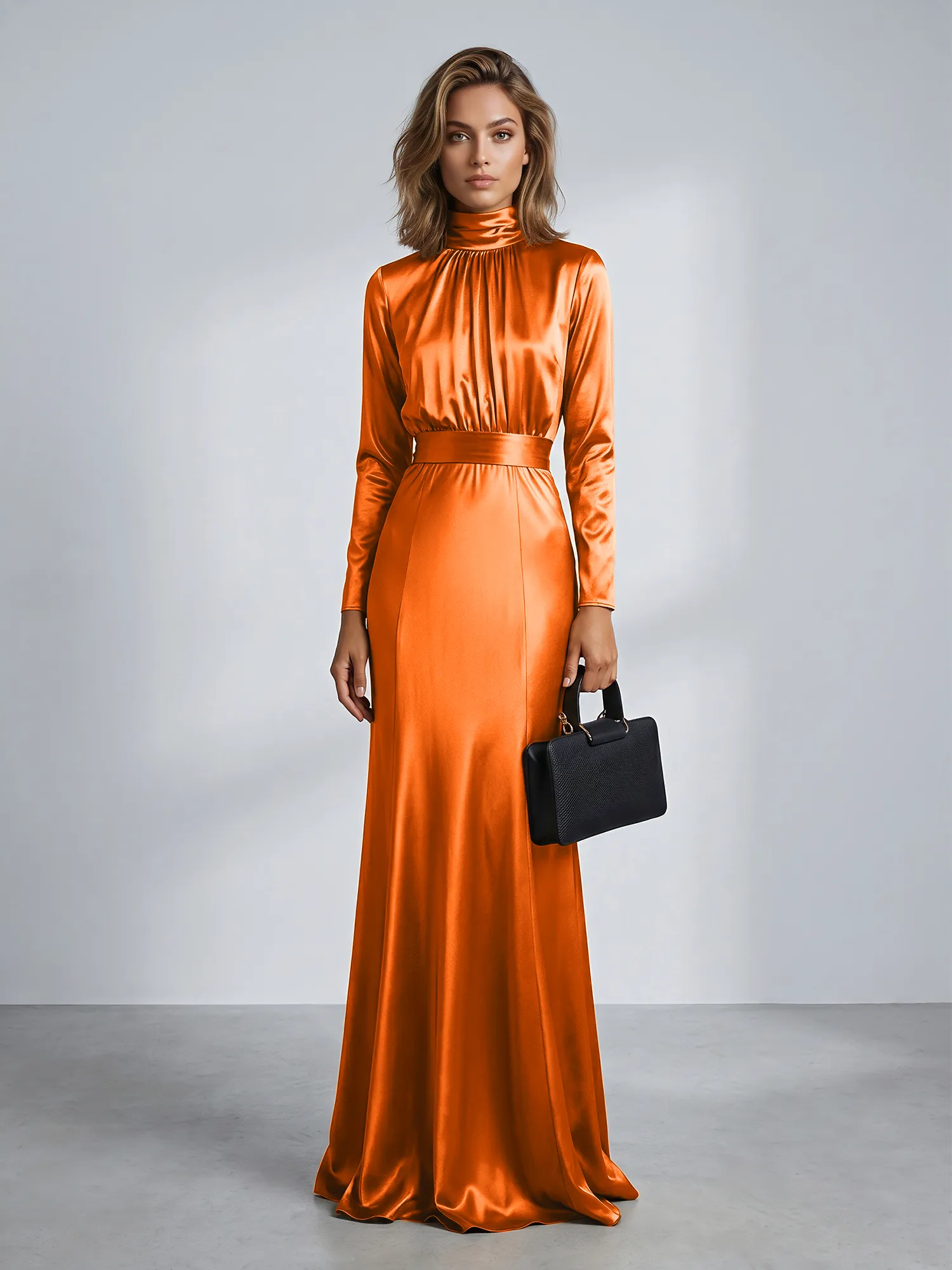 High Neck Long Sleeve Satin Mermaid Evening Gown with Waist Sash