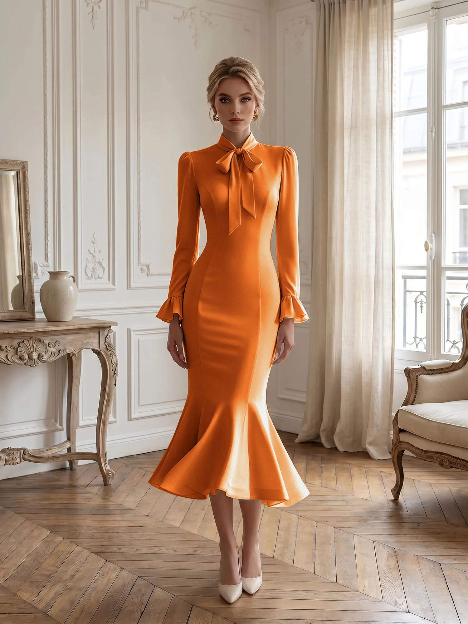 High Neck Bow Tie Long Sleeve Midi Mermaid Evening Dress