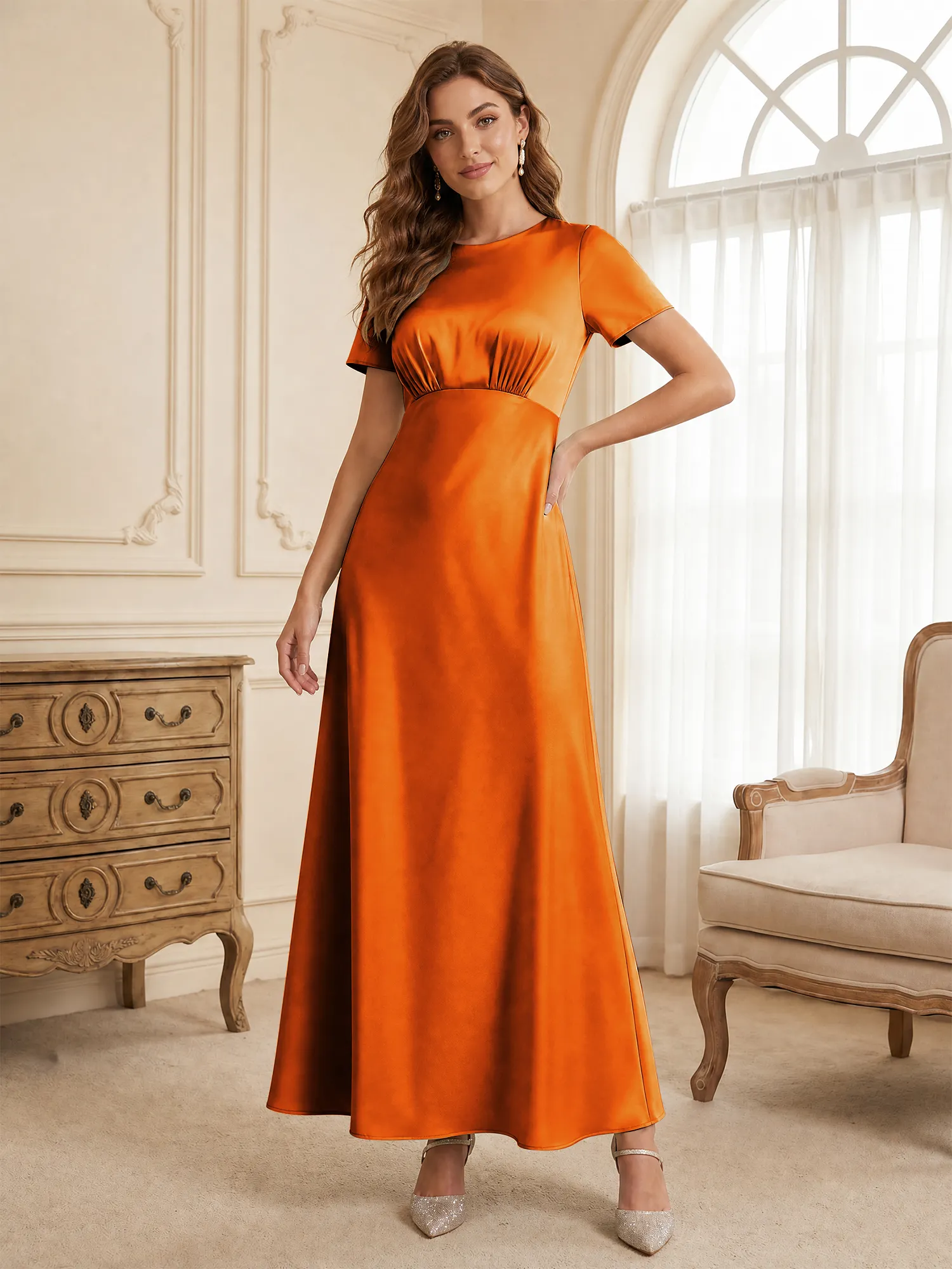 Round Neck Short Sleeve Satin Bridesmaid Dress