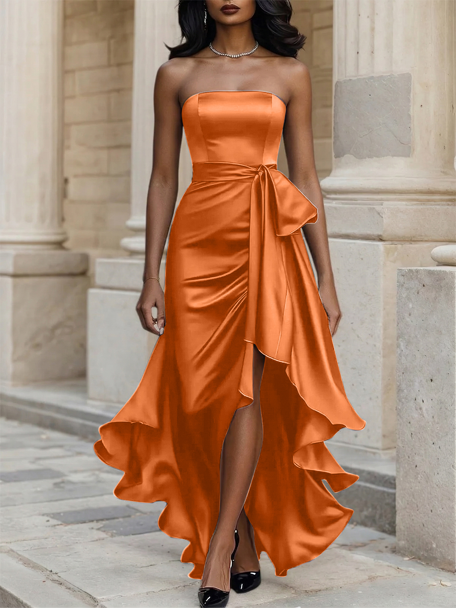 Glamorous Formal Dress Midnight Navy Strapless High-Low Satin Gown Midi Dress