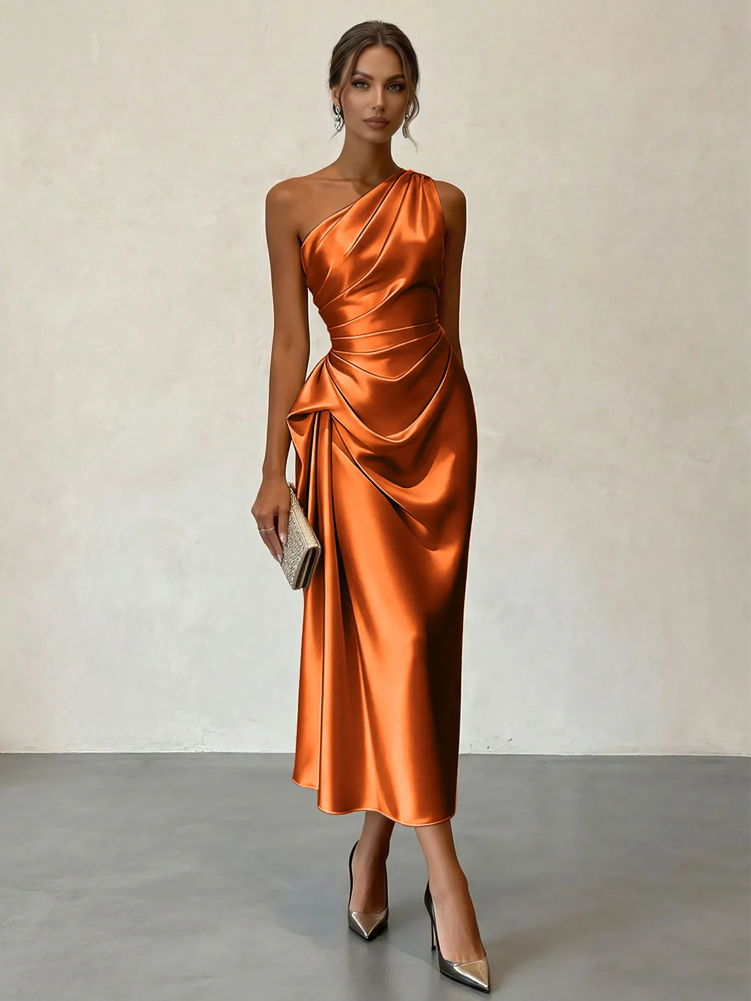 One-Shoulder Ruched Satin Midi Evening Dress with Draped Detail