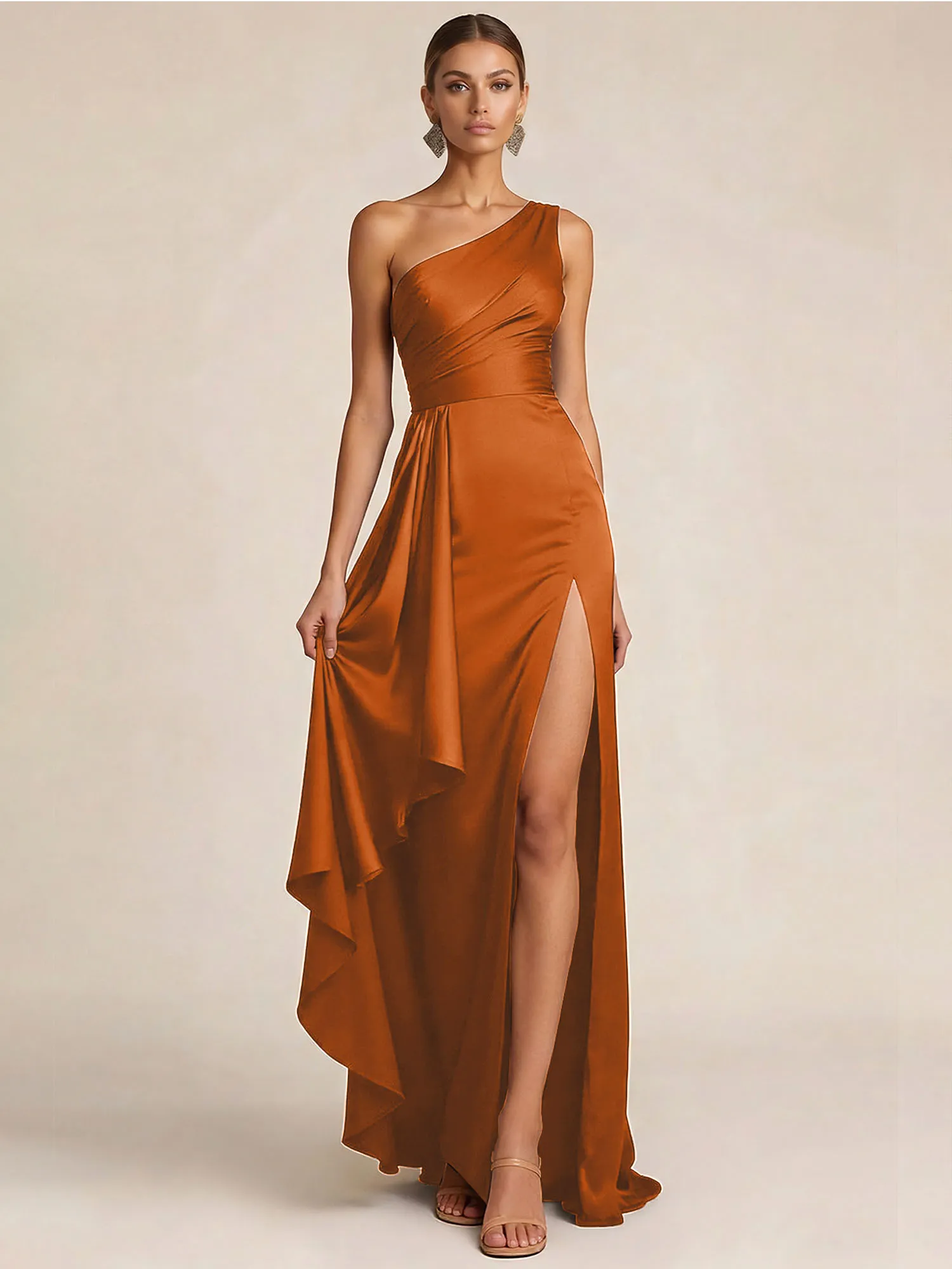Sleek Foraml Evening Gown Midnight Navy One-Shoulder Satin Slit Maxi Dress