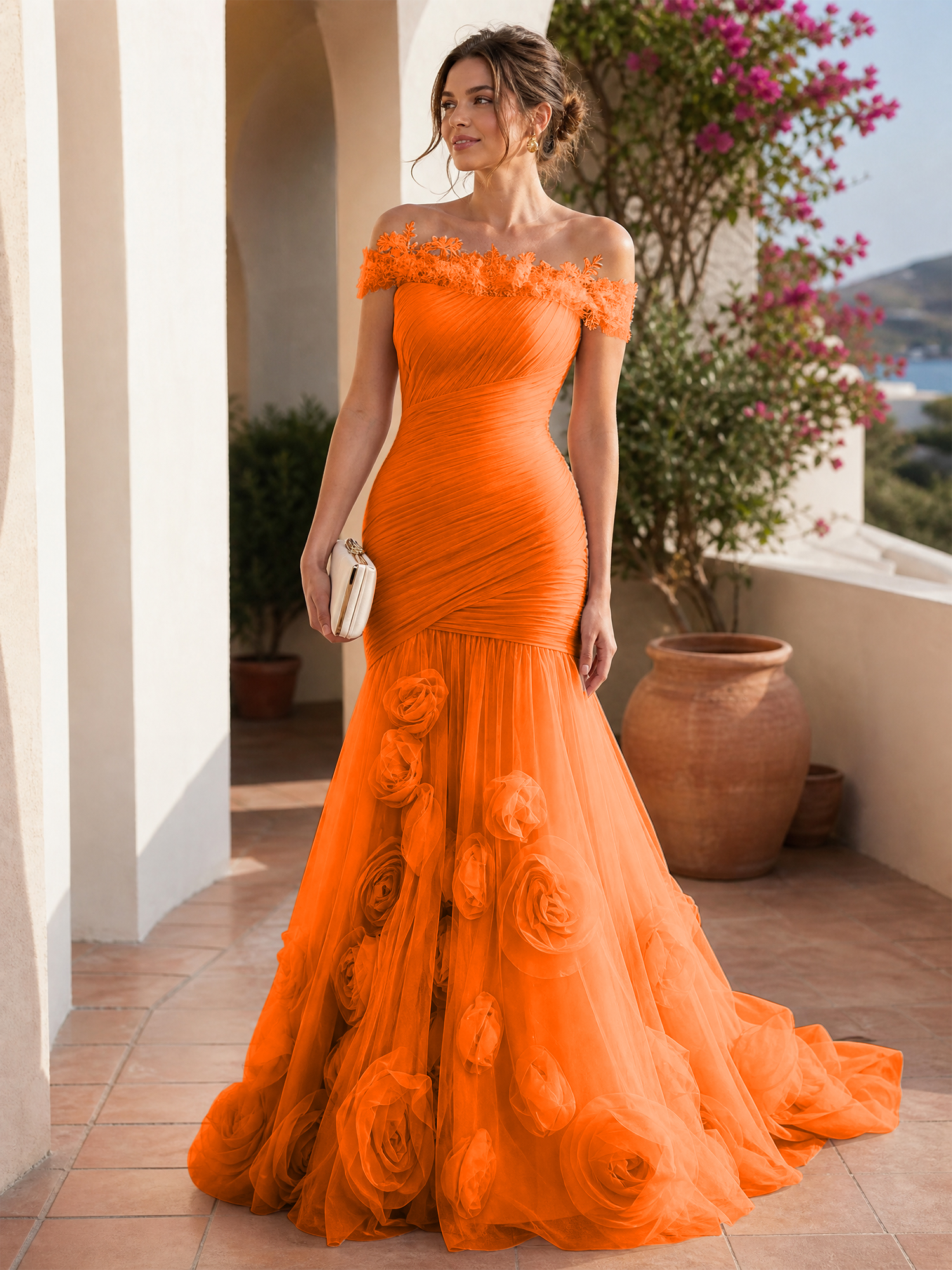 Romantic Blushing Rose Off-the-Shoulder Mermaid Formal Evening Dress 