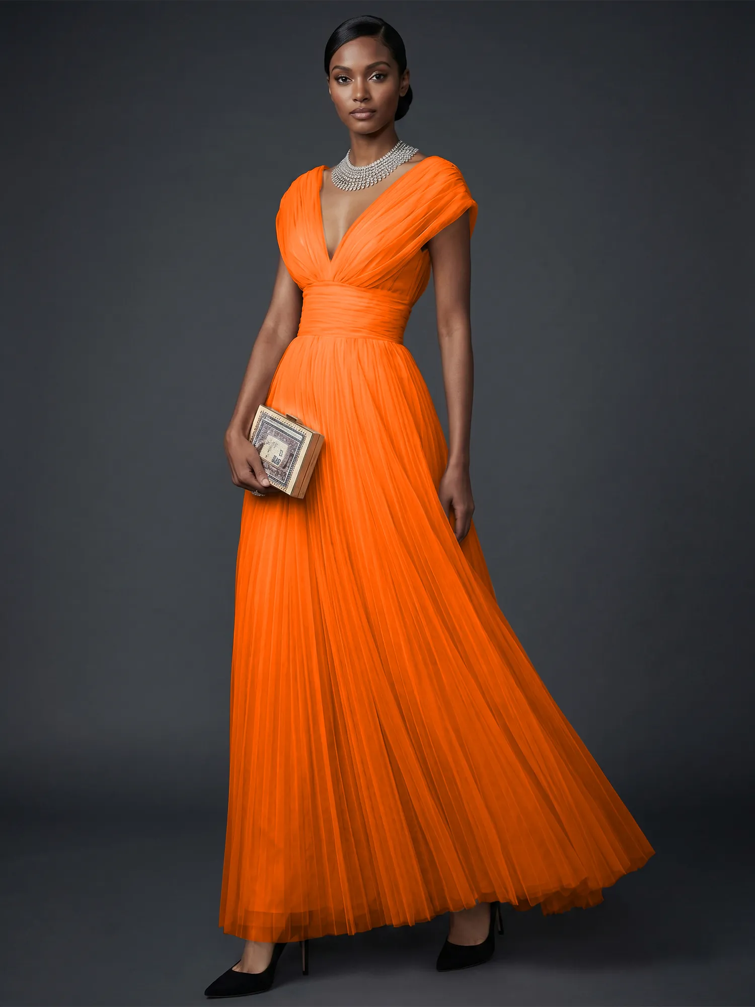 Draped V-Neck Pleated Tulle Evening Gown Maxi Dress
