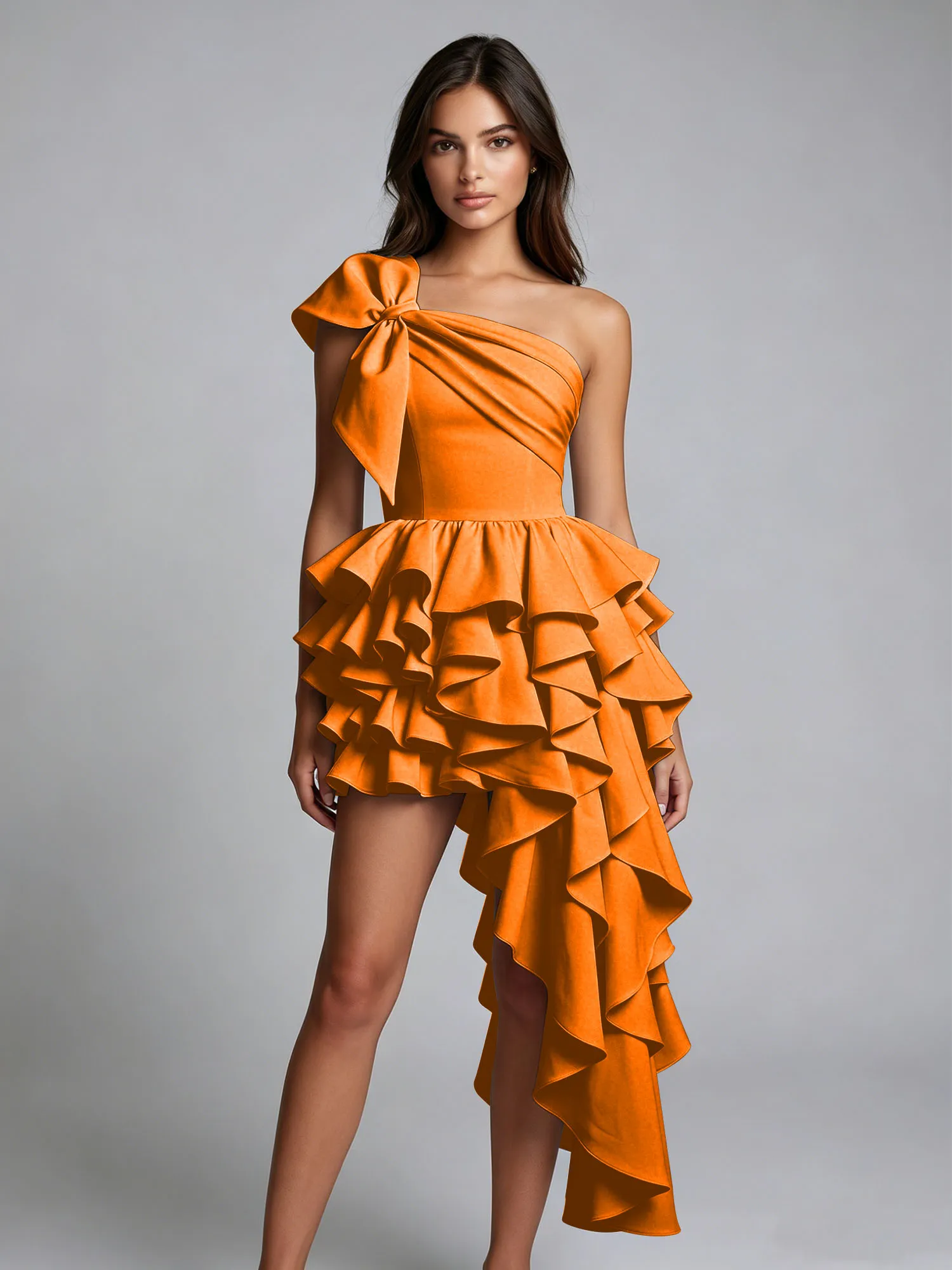One-Shoulder Bow Tiered Ruffle Asymmetrical Homecoming Dress