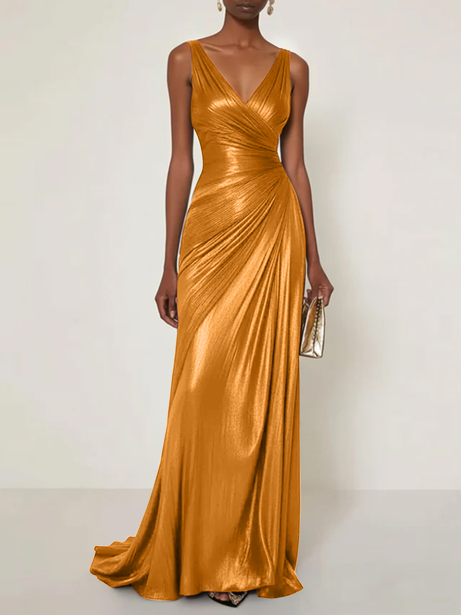 Evening Formal Dress V Neck Silk Ruffles Maxi Dress Gown